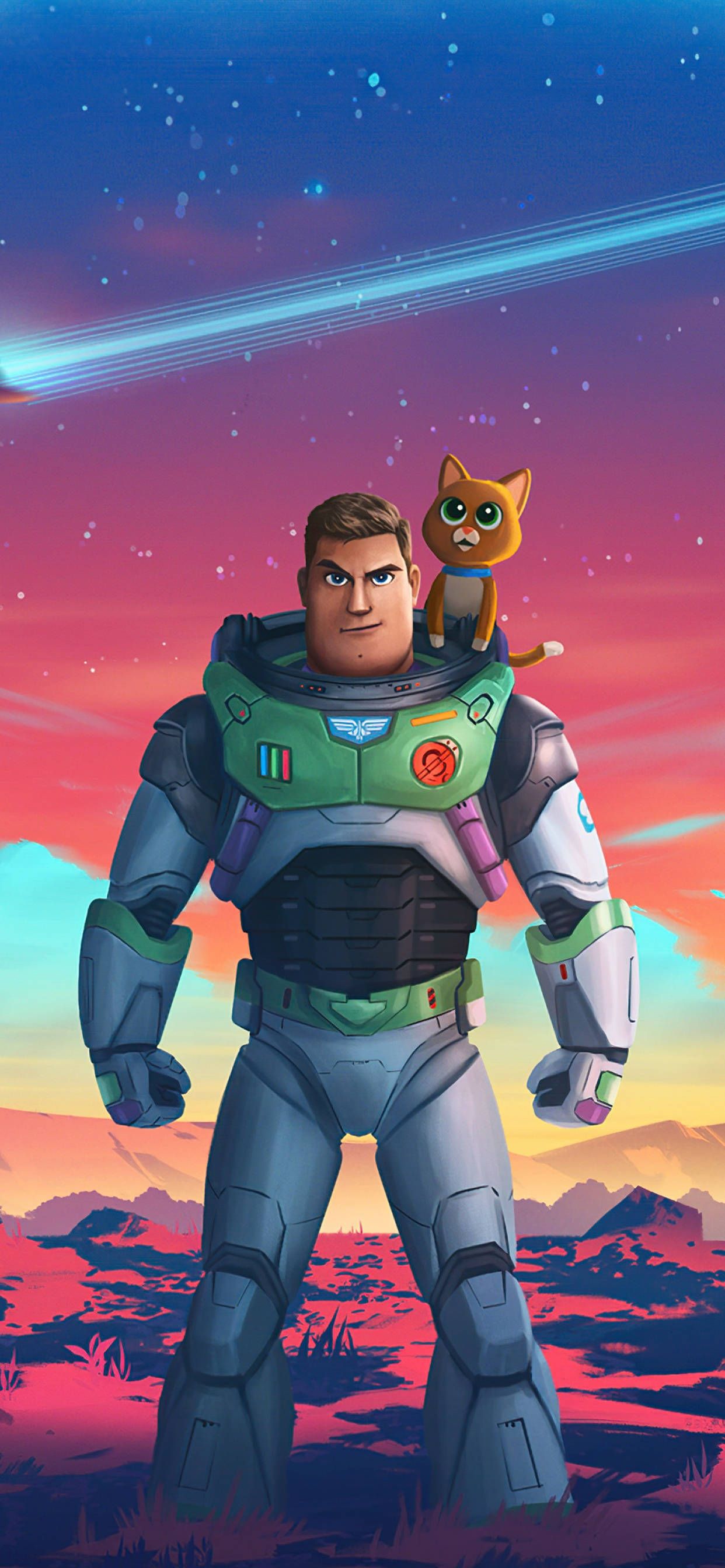 Buzz Lightyear 桌布 壁紙 — 巴斯光年在充滿外星色彩的日落中英雄般地站著，他的貓同伴棲息在他的肩膀上，背景是滿天星空。