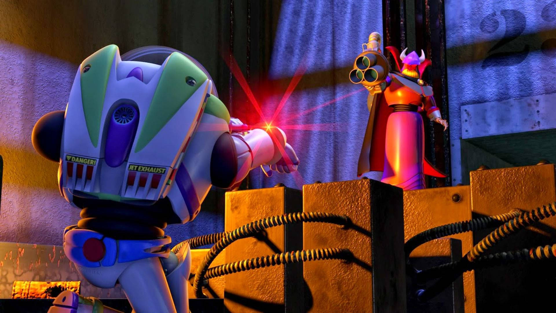 emperor zurg 桌布 壁紙 — 巴斯光年在光線昏暗的工業環境中向邪惡機器人發射雷射。