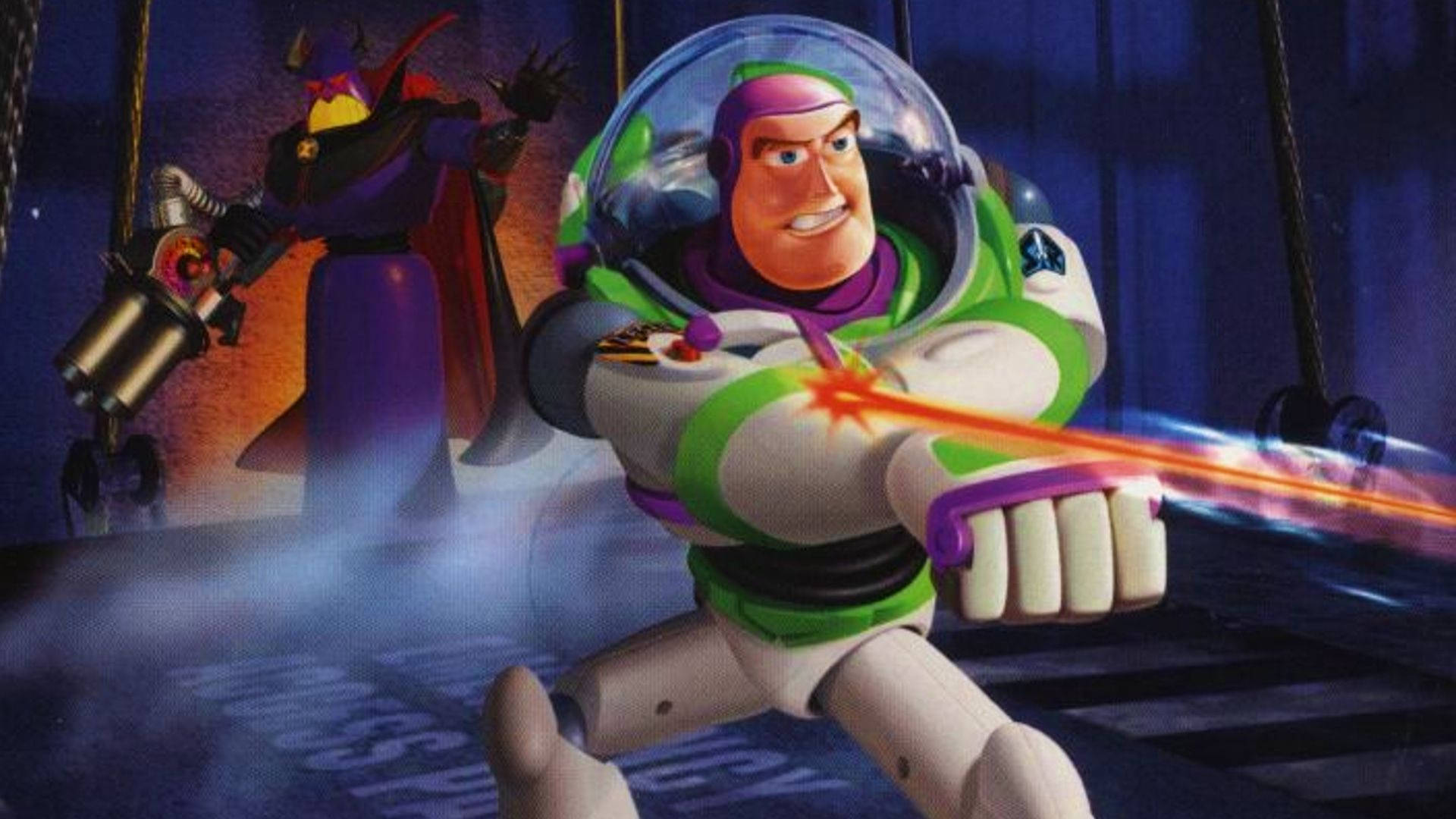 emperor zurg 桌布 壁紙 — 巴斯光年在黑暗科幻背景下以動感動作姿勢發射雷射槍。