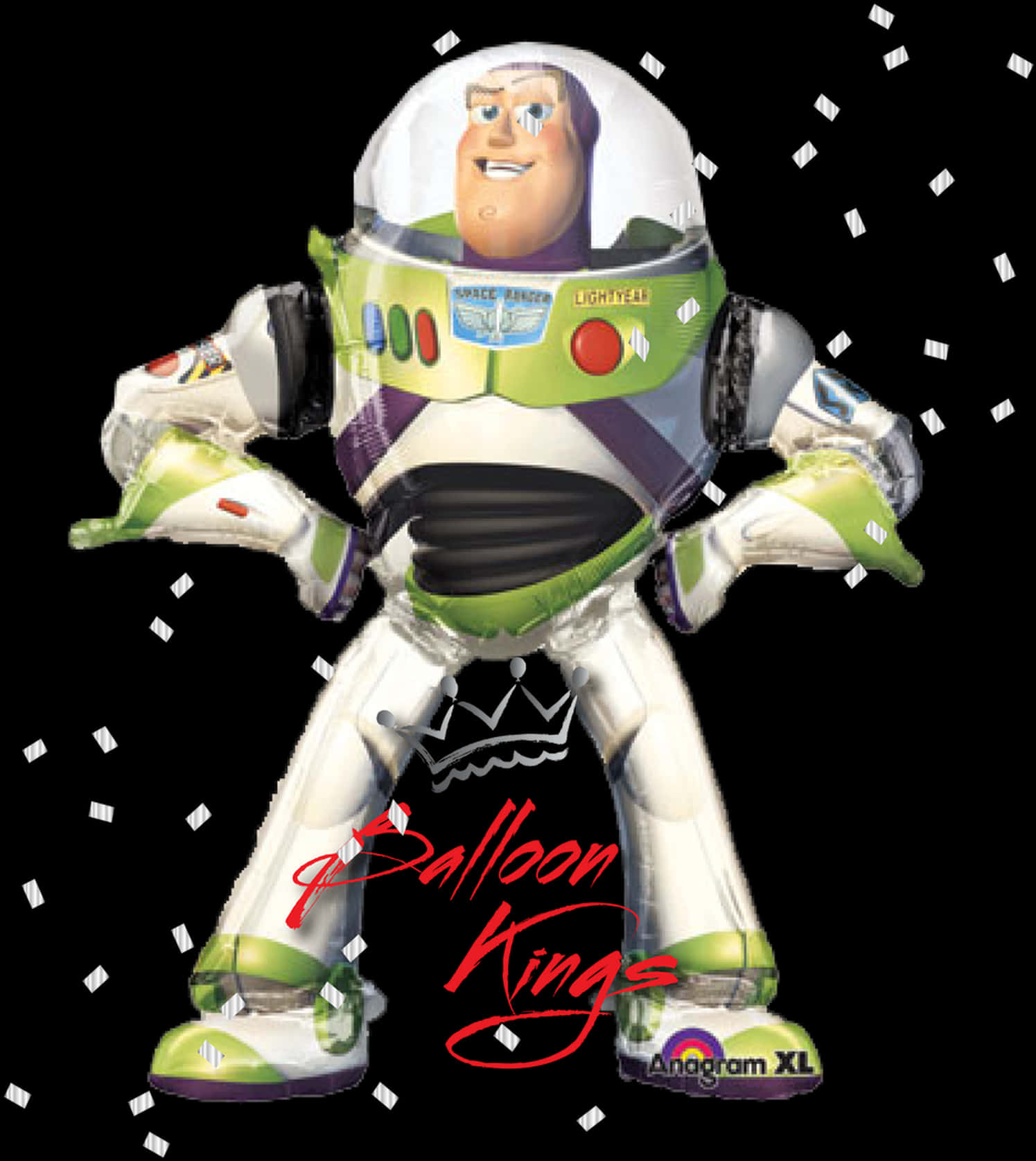 Toy Story Characters 桌布 壁紙 — 巴斯光年氣球自信地站在黑色背景前，白色紙屑在他周圍飄落。