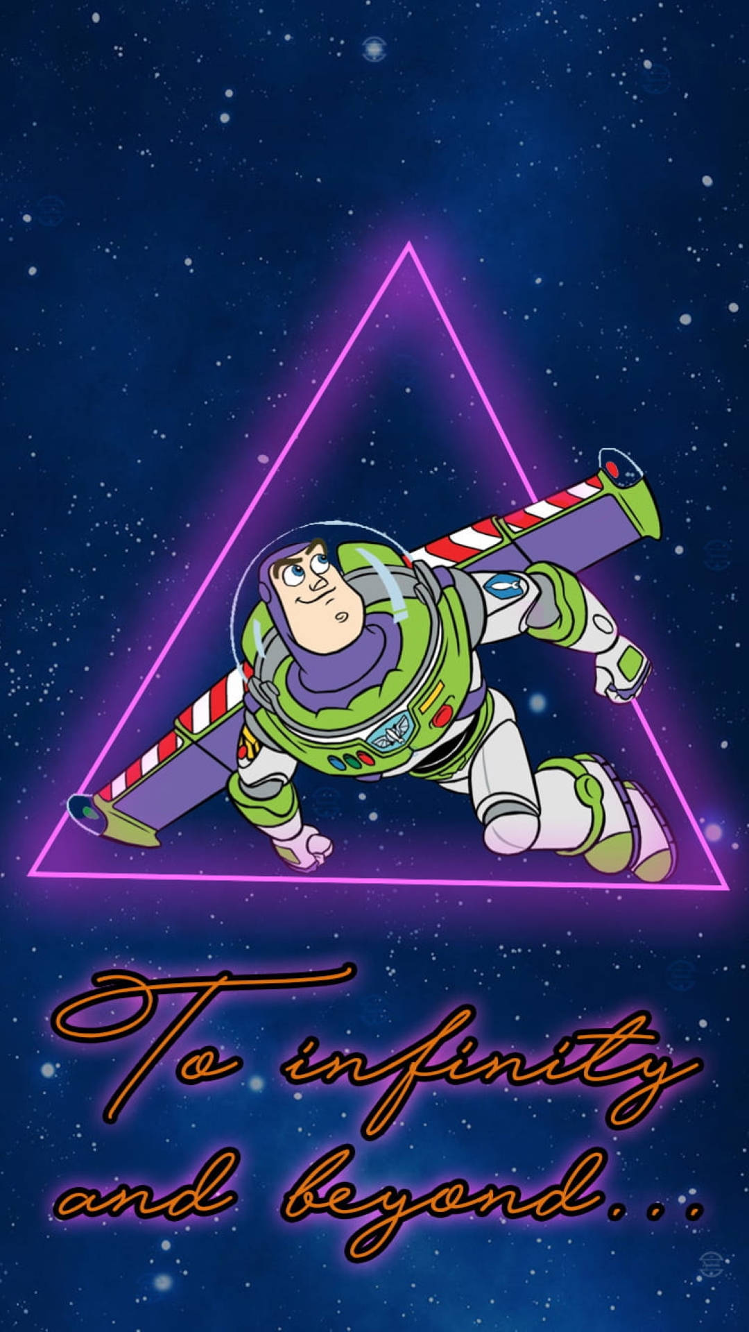 Buzz 桌布 壁紙 — 巴斯光年漂浮在太空中的一個發光紫色三角形內，背後有星星，下方有「To infinity and beyond」字句。