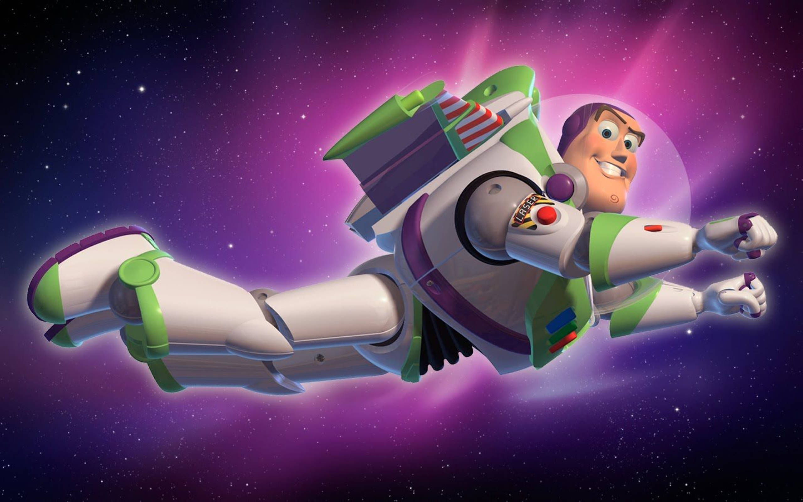 Buzz 桌布 壁紙 — 巴斯光年穿著他標誌性的太空服，自信地漂浮在充滿活力的紫色星空背景中，身後有發光的射線。
