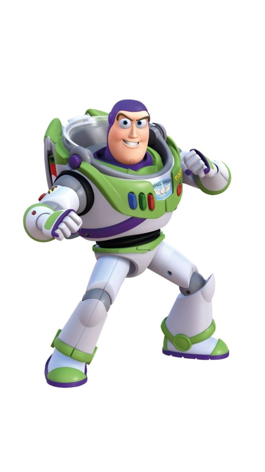 Buzz 桌布 壁紙 — 巴斯光年穿著他標誌性的綠色和白色太空服，在純白色背景前自信地擺姿勢。