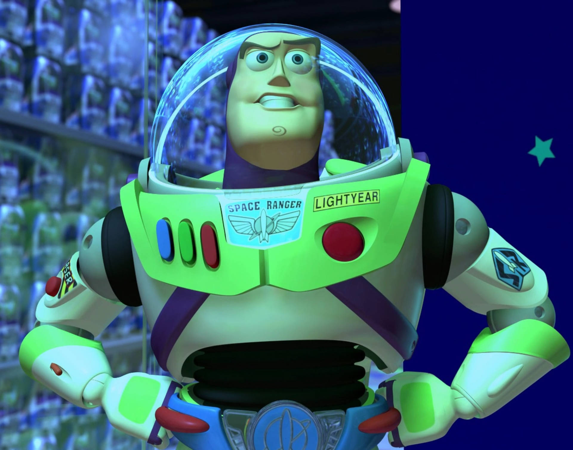 Buzz 桌布 壁紙 — 巴斯光年穿著他標誌性的綠色和白色太空服，自信地站在繁星點點的藍色背景前。