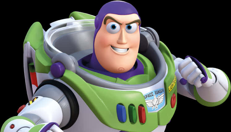 Toy Story Characters 桌布 壁紙 — 巴斯光年穿著他的綠色和紫色太空巡警服，在黑色背景前自信地微笑。