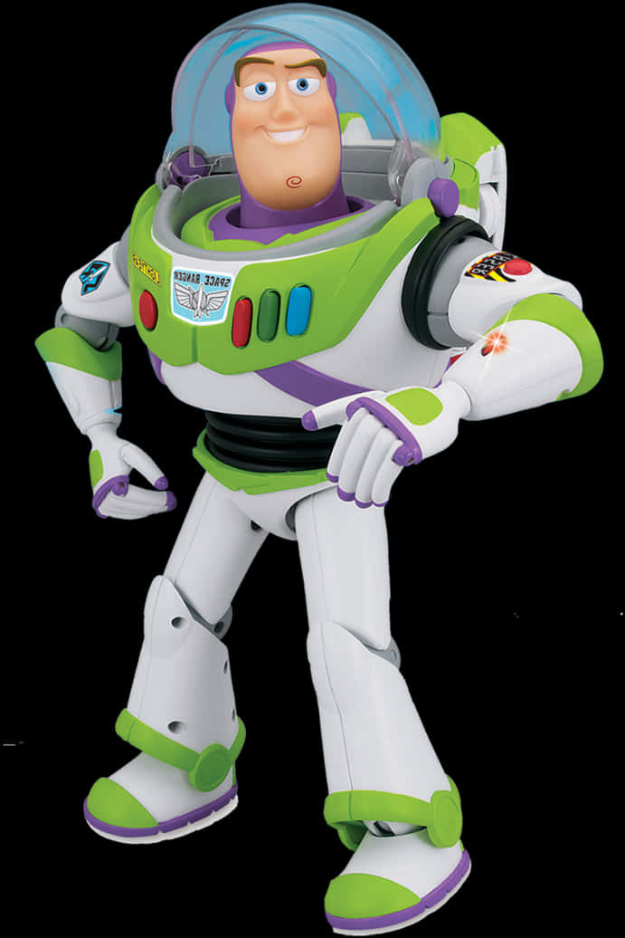 Toy Story Characters 桌布 壁紙 — 巴斯光年穿著其標誌性的綠色、白色和紫色太空服，自信地站在黑色背景前。