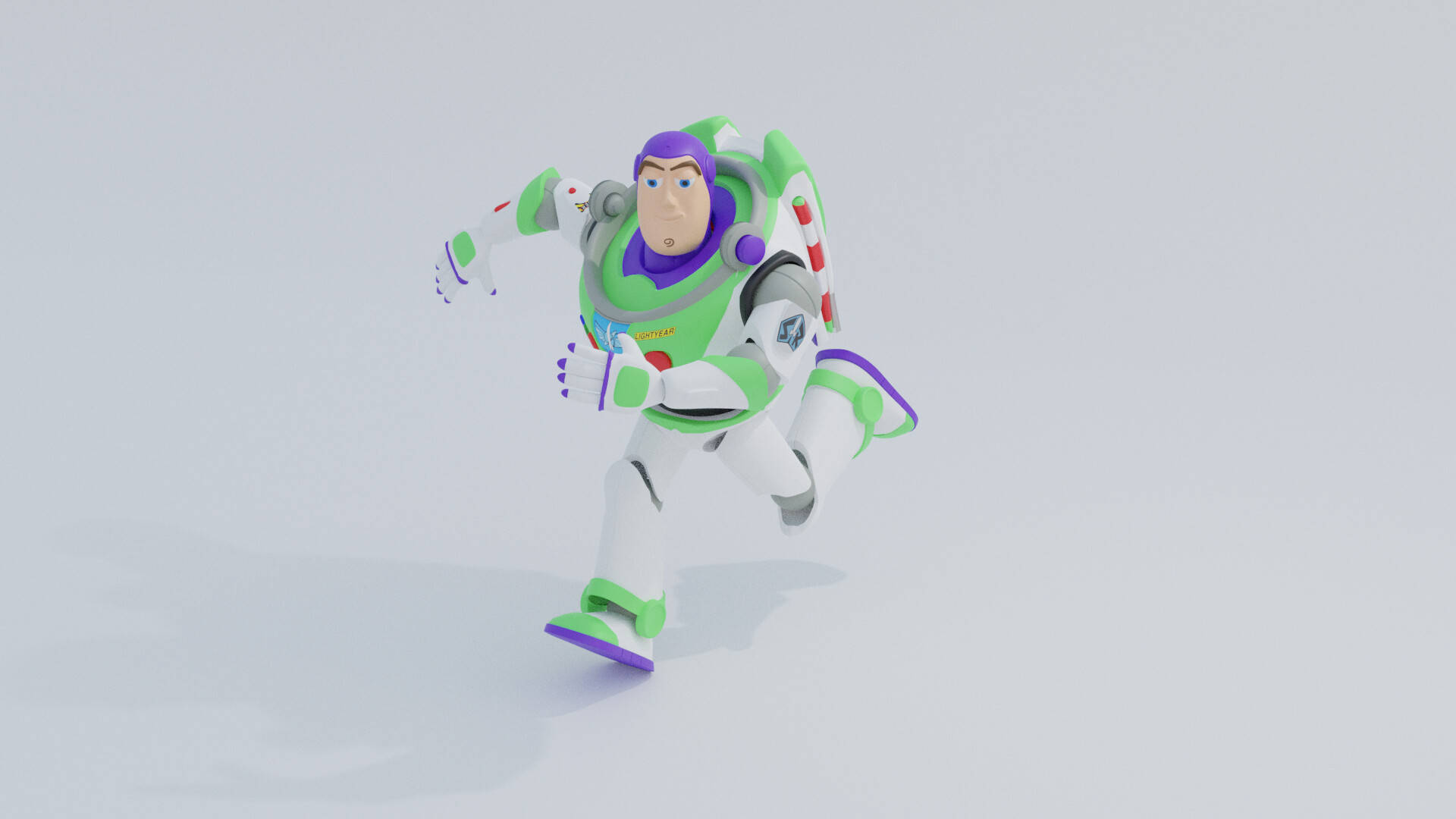 Pixar 桌布 壁紙 — 巴斯光年穿著其標誌性的綠色和白色太空服，在純淺灰色背景上動態奔跑。