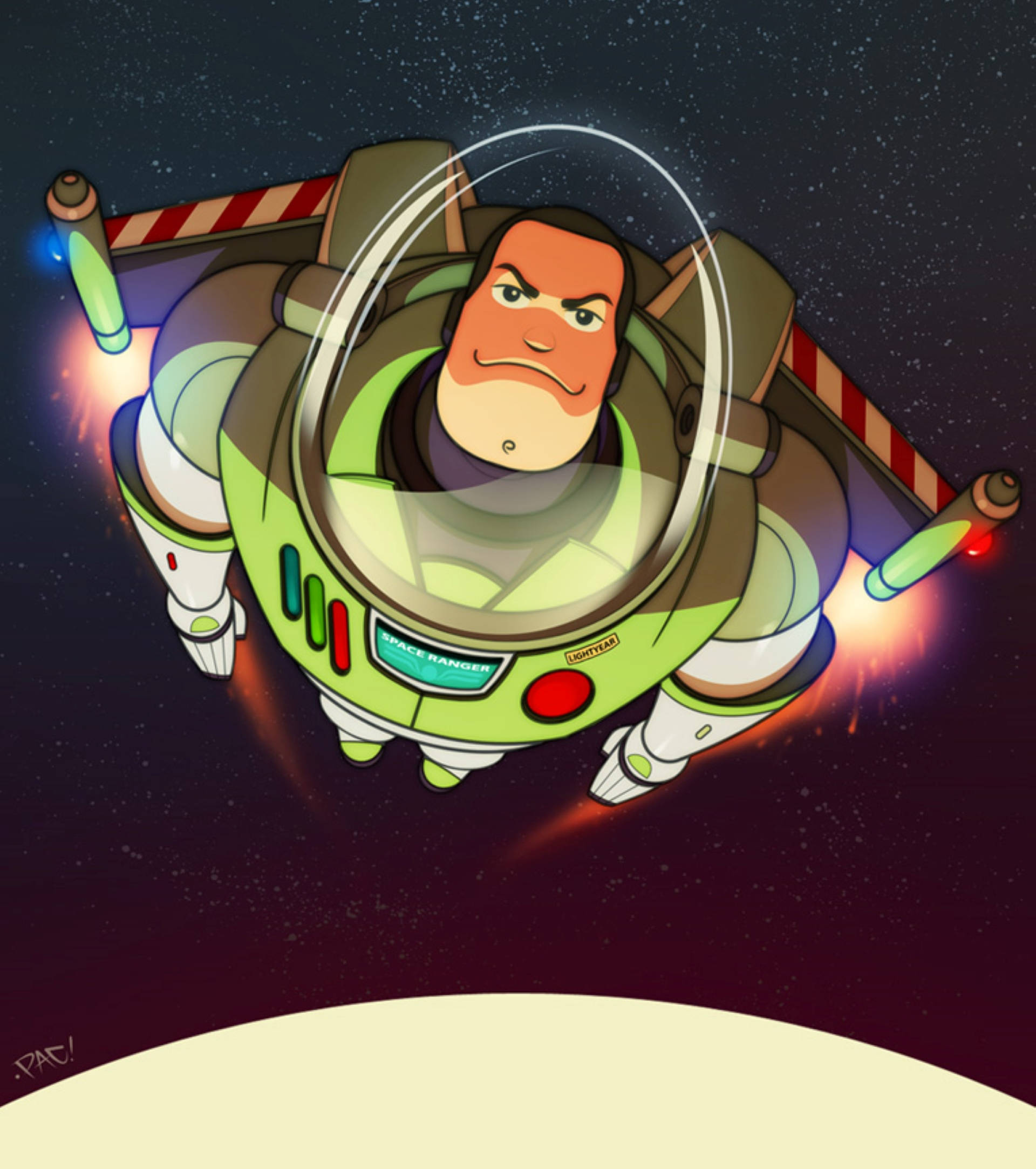 Buzz 桌布 壁紙 — 巴斯光年穿著太空巡邏員服裝，帶著堅定的表情和發光的推進器飛過星空。