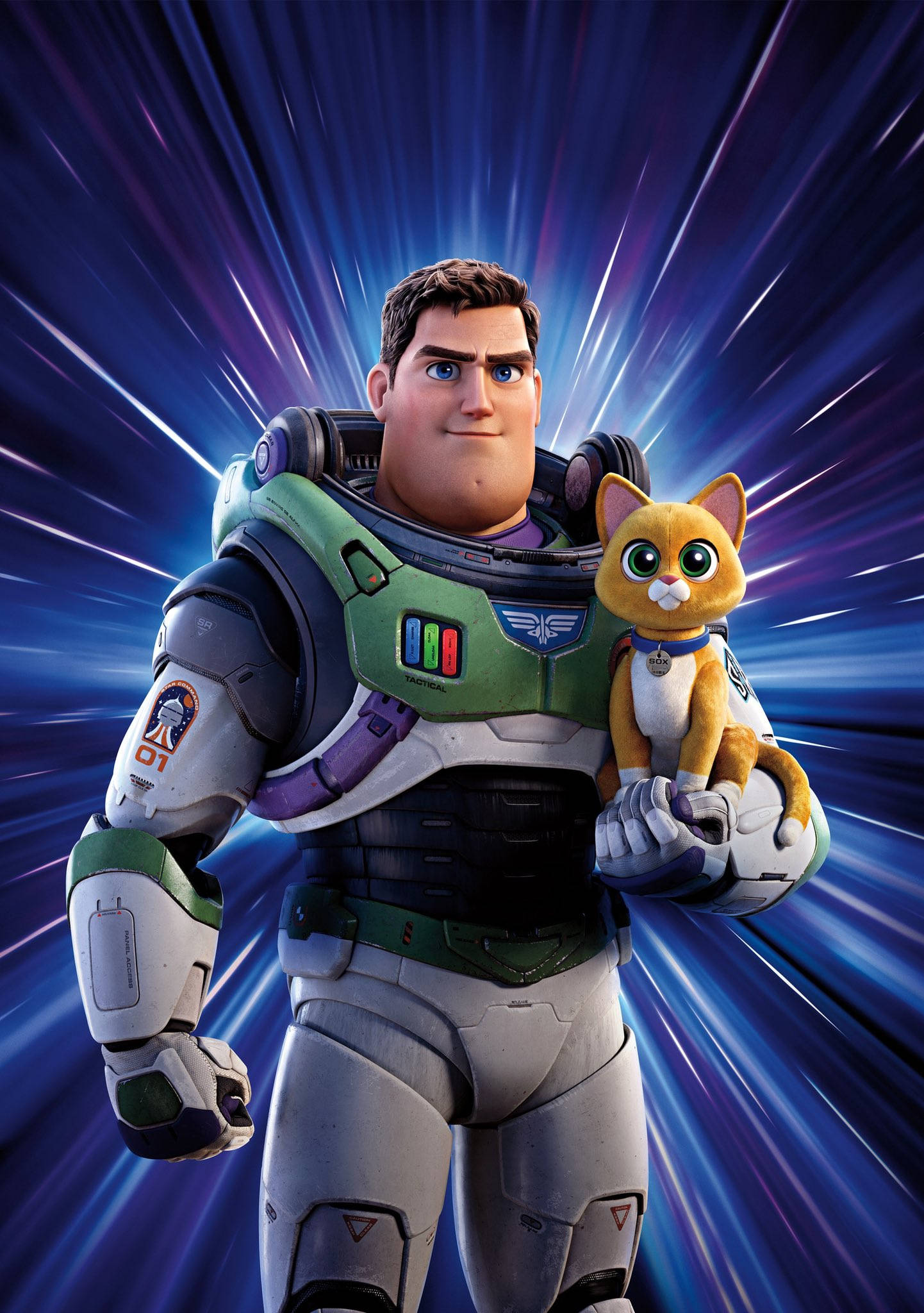 Buzz Lightyear 桌布 壁紙 — 巴斯光年穿著太空衣，抱著一隻小橘貓，背景是動態的藍色星爆。