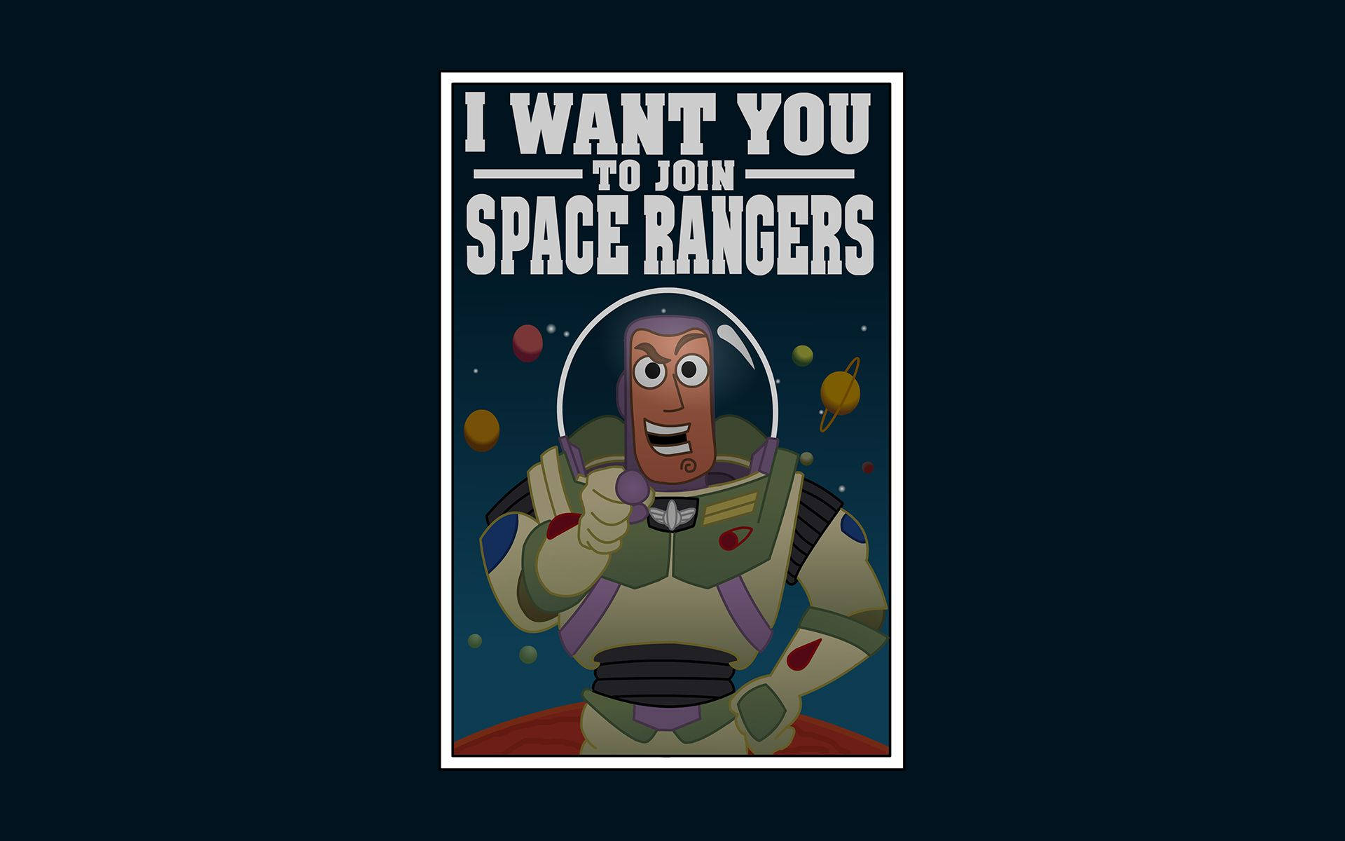 Buzz Lightyear 桌布 壁紙 — 巴斯光年穿著太空衣向前指，粗體文字邀請觀眾在星空宇宙背景下加入太空騎警。