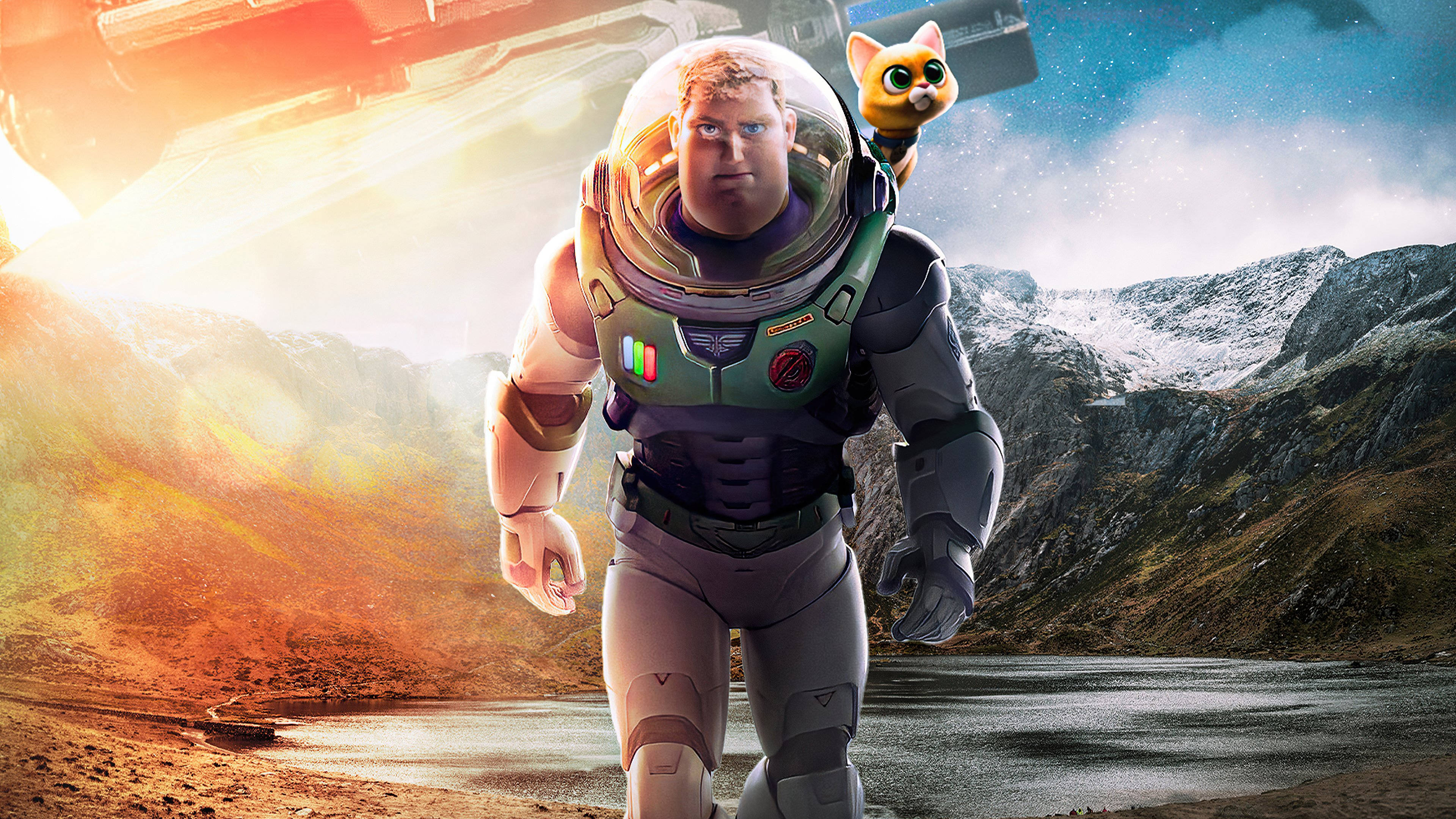 Buzz Lightyear 桌布 壁紙 — 巴斯光年穿著標誌性太空衣，在岩石外星景觀中行走，一隻小貓夥伴棲息在他的肩膀上。