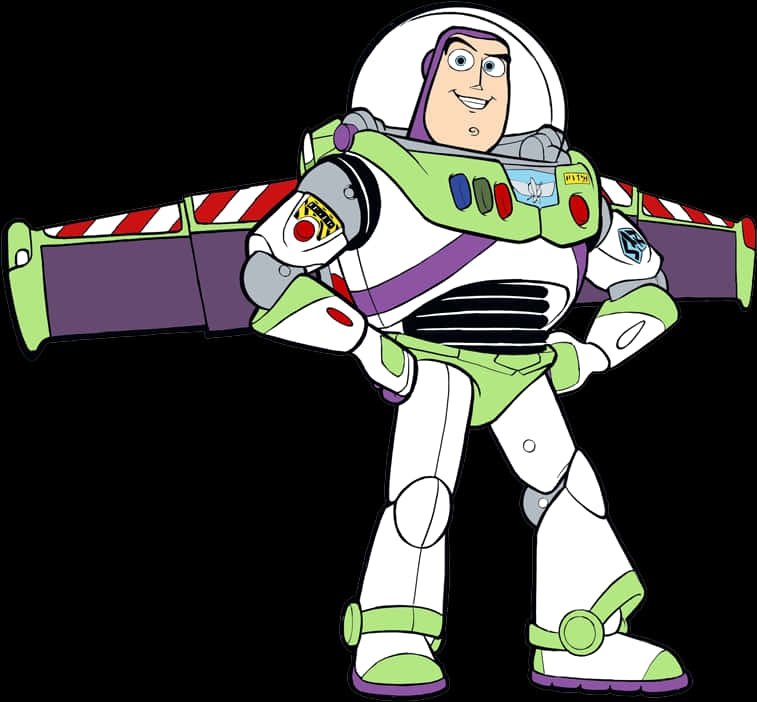 Toy Story Characters 桌布 壁紙 — 巴斯光年穿著標誌性的綠色、白色和紫色太空服，雙手叉腰，自信地站在黑色背景前。