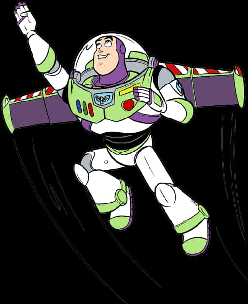 Toy Story Characters 桌布 壁紙 — 巴斯光年穿著標誌性的綠色和白色太空服，在黑色背景上動態飛行，帶有運動線條。