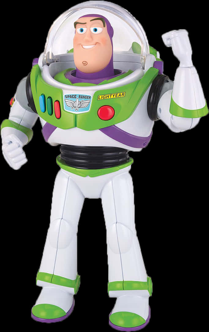 Toy Story Characters 桌布 壁紙 — 巴斯光年穿著標誌性的綠色和白色太空戰士服，在黑色背景前自信地擺姿勢。