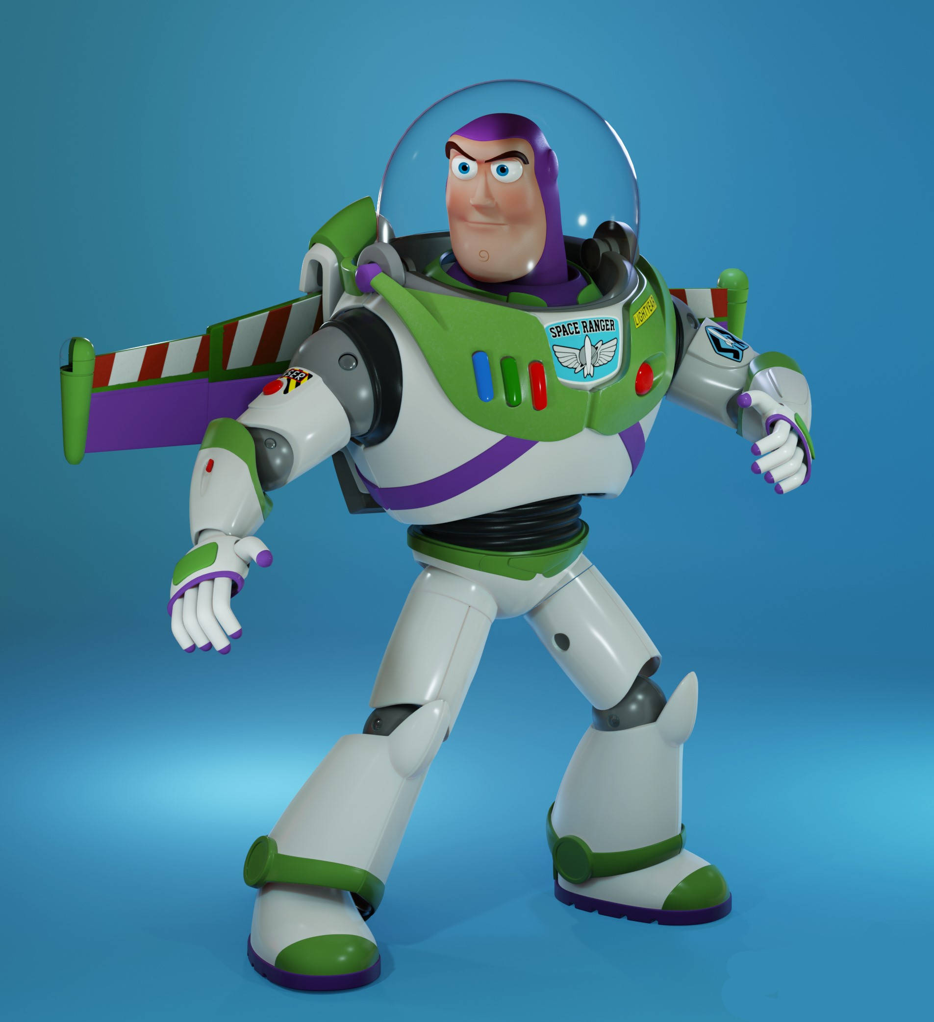 Buzz 桌布 壁紙 — 巴斯光年穿著標誌性的綠色和白色太空戰士服，自信地站在純藍色背景前。