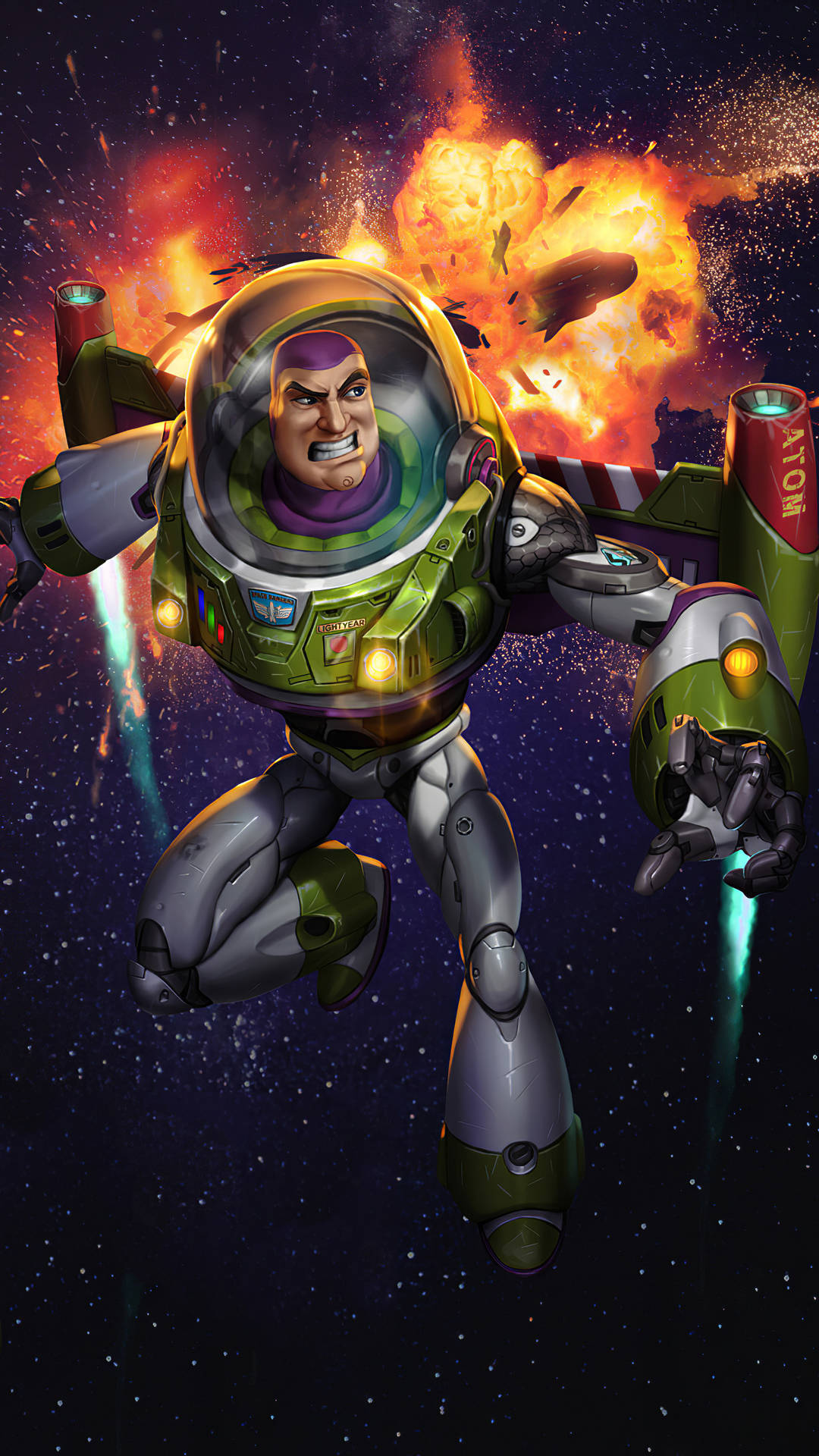 Buzz 桌布 壁紙 — 巴斯光年穿著綠色太空衣，在星空中飛行，身後有熾熱的爆炸。