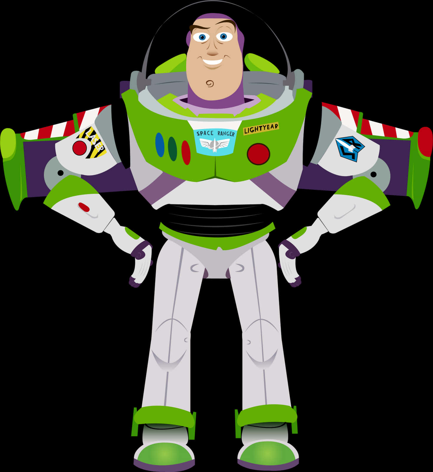 Toy Story Characters 桌布 壁紙 — 巴斯光年自信地站在黑色背景前，身穿標誌性的綠色和白色太空騎警服。
