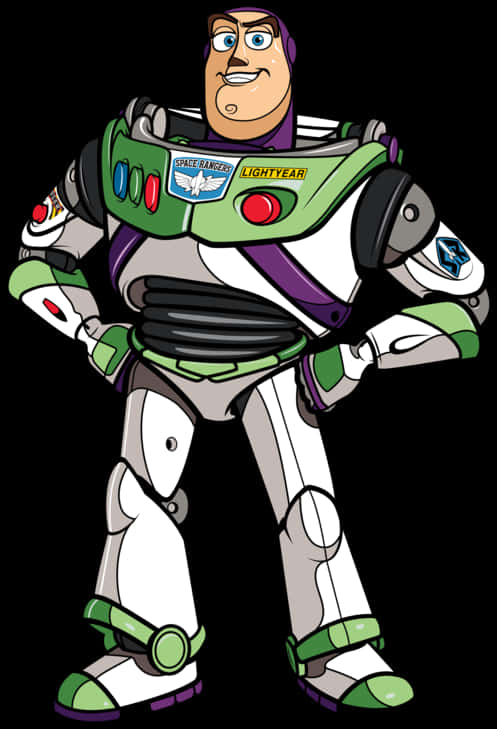 Toy Story Characters 桌布 壁紙 — 巴斯光年自信地站在黑色背景前，身穿綠色和白色的太空戰士服。