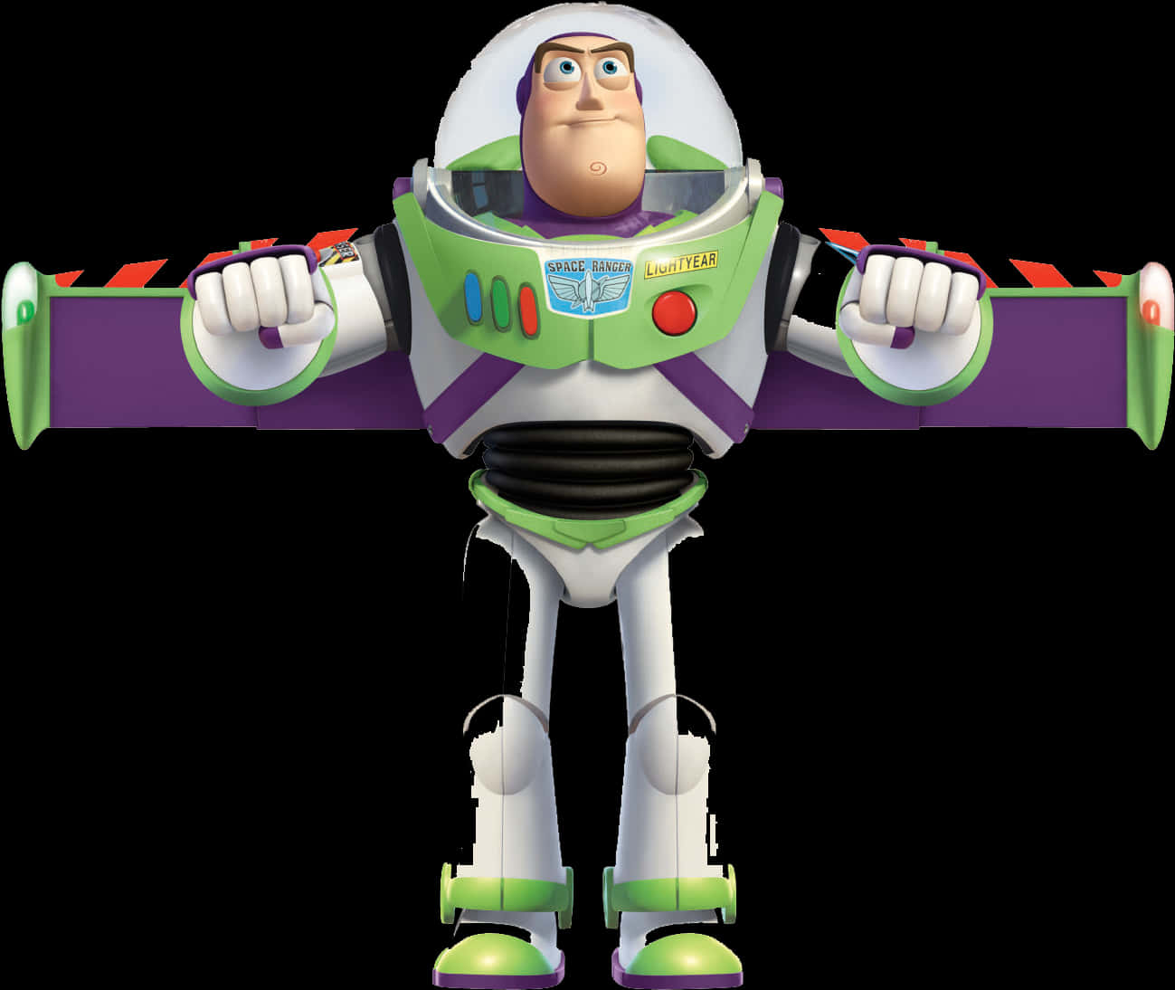 Toy Story Characters 桌布 壁紙 — 巴斯光年自信地站在黑色背景前，身穿標誌性的綠色、白色和紫色太空戰士服。