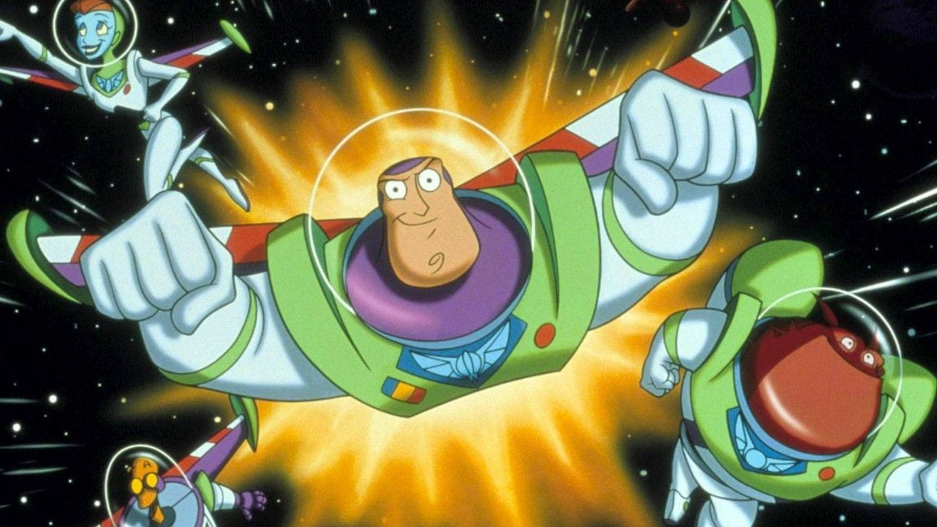 迪士尼 桌布 壁紙 — 巴斯光年與外星人團隊在星空中翱翔，身後留下熾熱的推進痕跡。