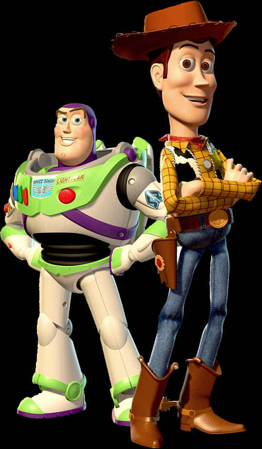 Toy Story Characters 桌布 壁紙 — 巴斯光年與胡迪以他們標誌性的動畫電影服裝，自信地站在黑色背景前。