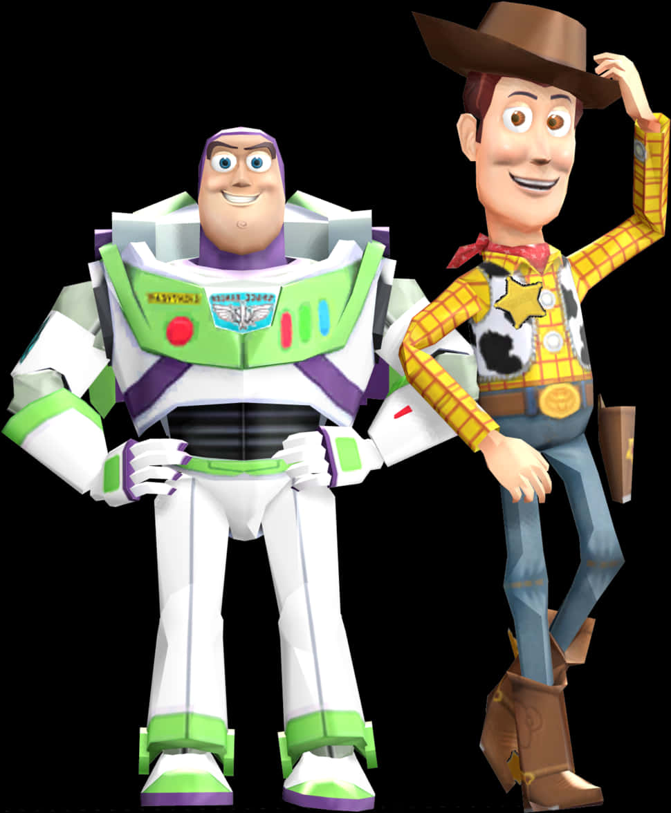 Toy Story Characters 桌布 壁紙 — 巴斯光年與胡迪以標誌性的玩具形態並肩微笑，背景為黑色。