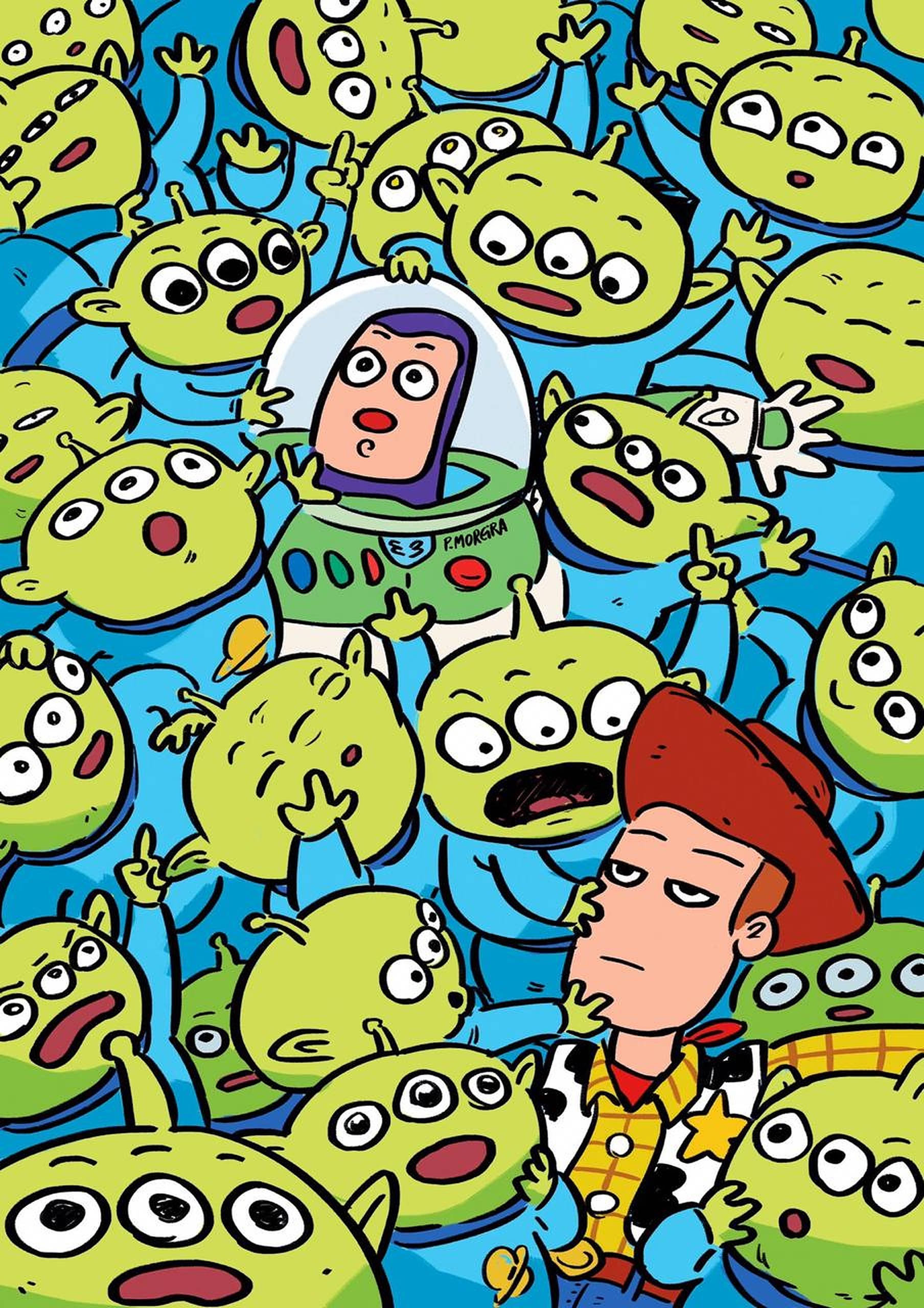 Toy Story Alien 桌布 壁紙 — 巴斯光年與胡迪被一群混亂的綠色三眼外星人包圍，風格生動卡通。