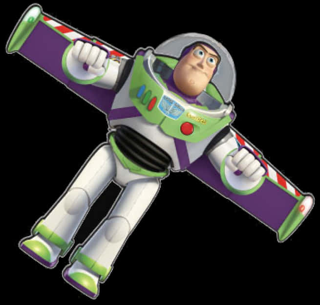 Toy Story Characters 桌布 壁紙 — 巴斯光年身穿標誌性的綠色和白色太空服，在黑色背景上張開雙臂飛行。
