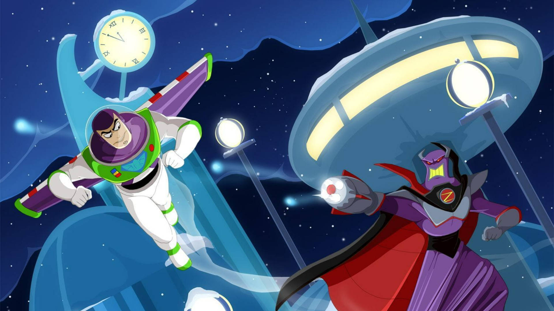 Buzz Lightyear 桌布 壁紙 — 巴斯光年飛過星空，與一個眼睛發光的邪惡紫色外星人進行動態戰鬥。