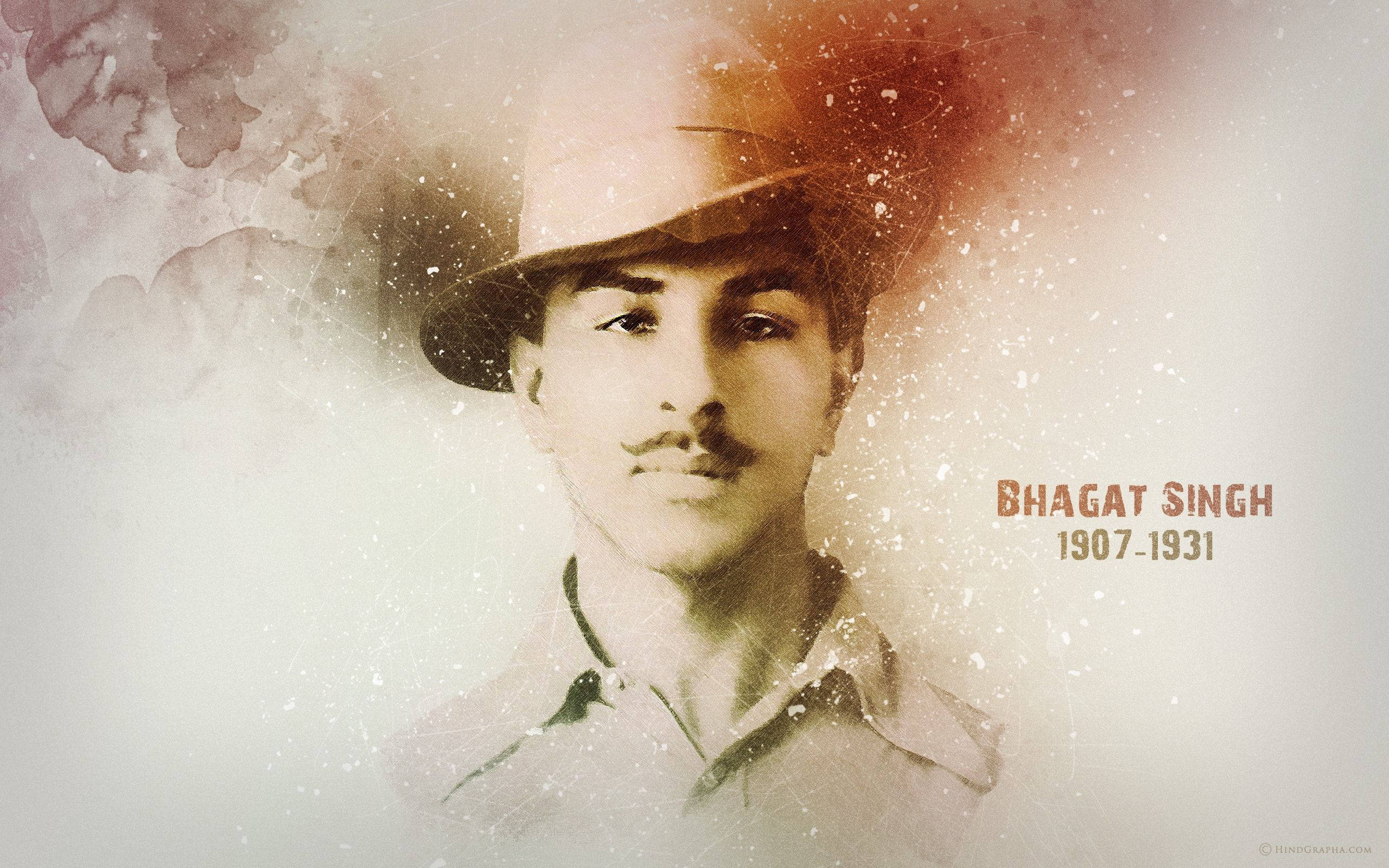 Shaheed Bhagat Singh 桌布 壁紙 — 巴格特·辛格戴帽子的風格化肖像，帶有懷舊色調和水彩潑濺效果，背景柔軟有紋理。