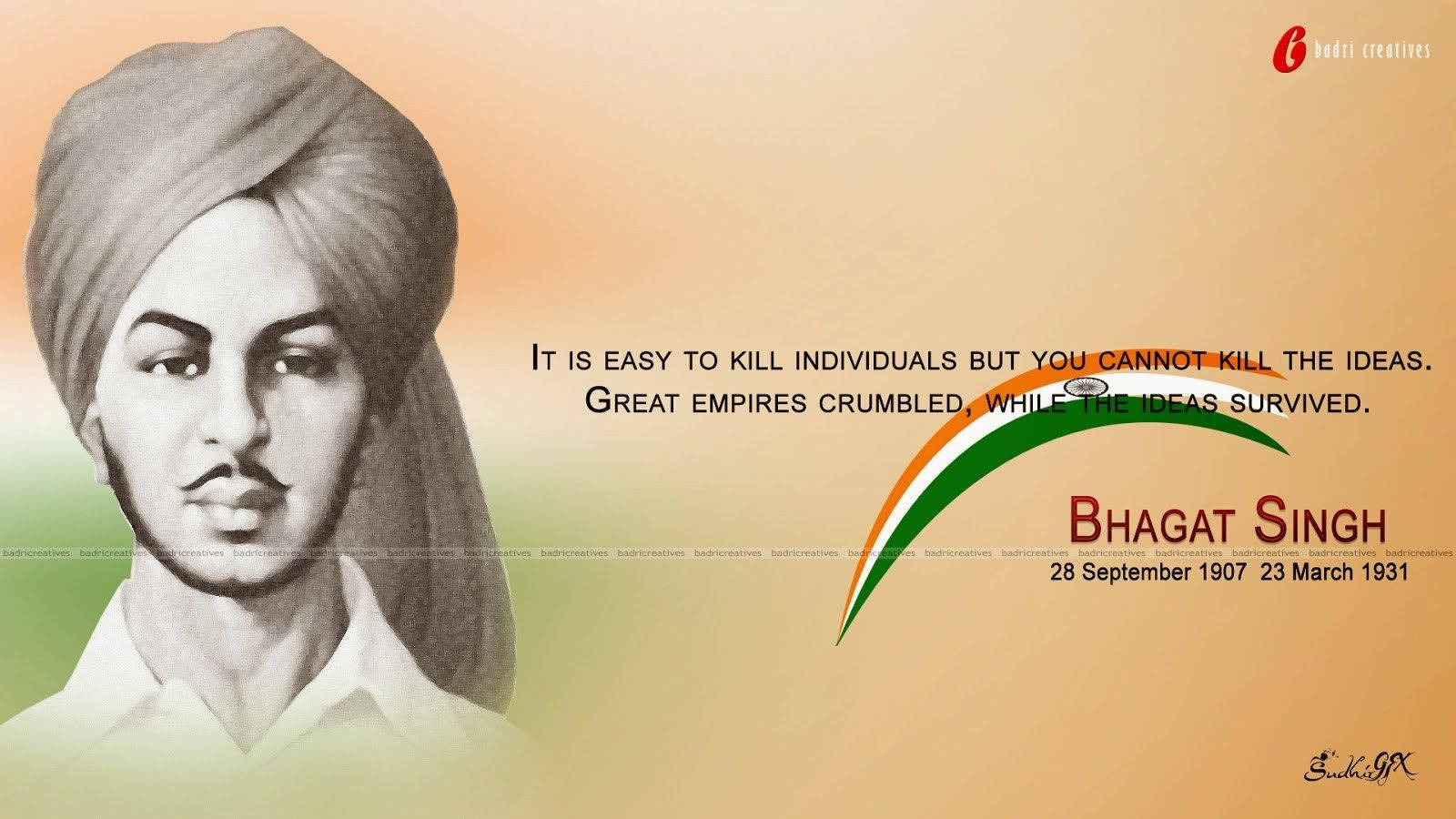 Shaheed Bhagat Singh 桌布 壁紙 — 巴格特·辛格的肖像，帶有印度國旗顏色和關於持久思想的引言，背景為漸變色。