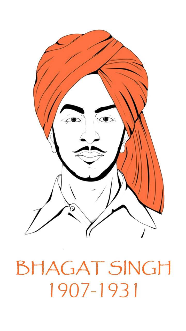 Shaheed Bhagat Singh 桌布 壁紙 — 巴格特·辛格的風格化線條藝術肖像，戴著橙色頭巾和帶領襯衫，下方有他的名字和生卒年份。