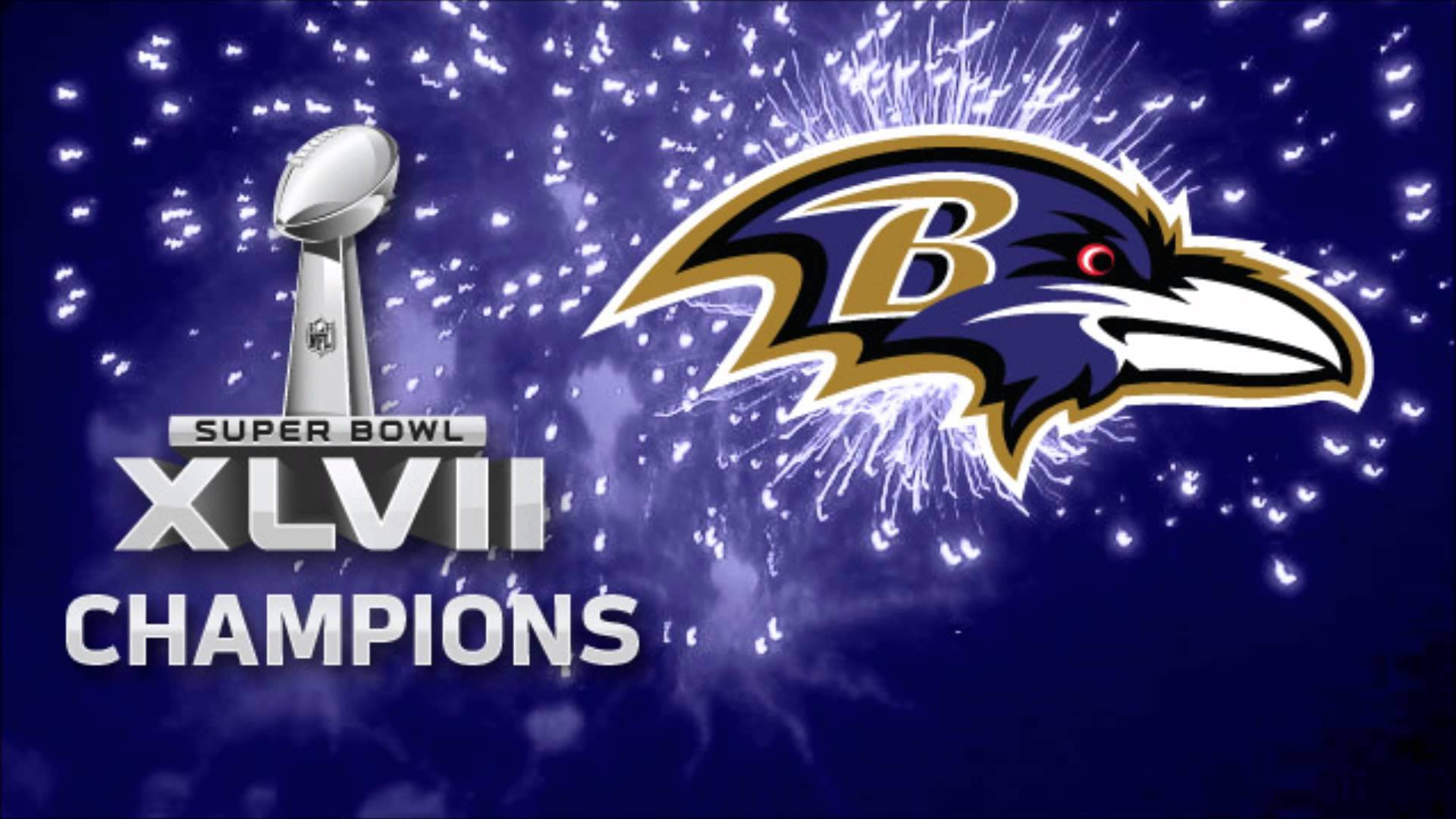 Ravens 桌布 壁紙 — 巴爾的摩烏鴉隊標誌和超級碗XLVII獎盃在紫色煙火表演中閃耀，慶祝冠軍勝利。