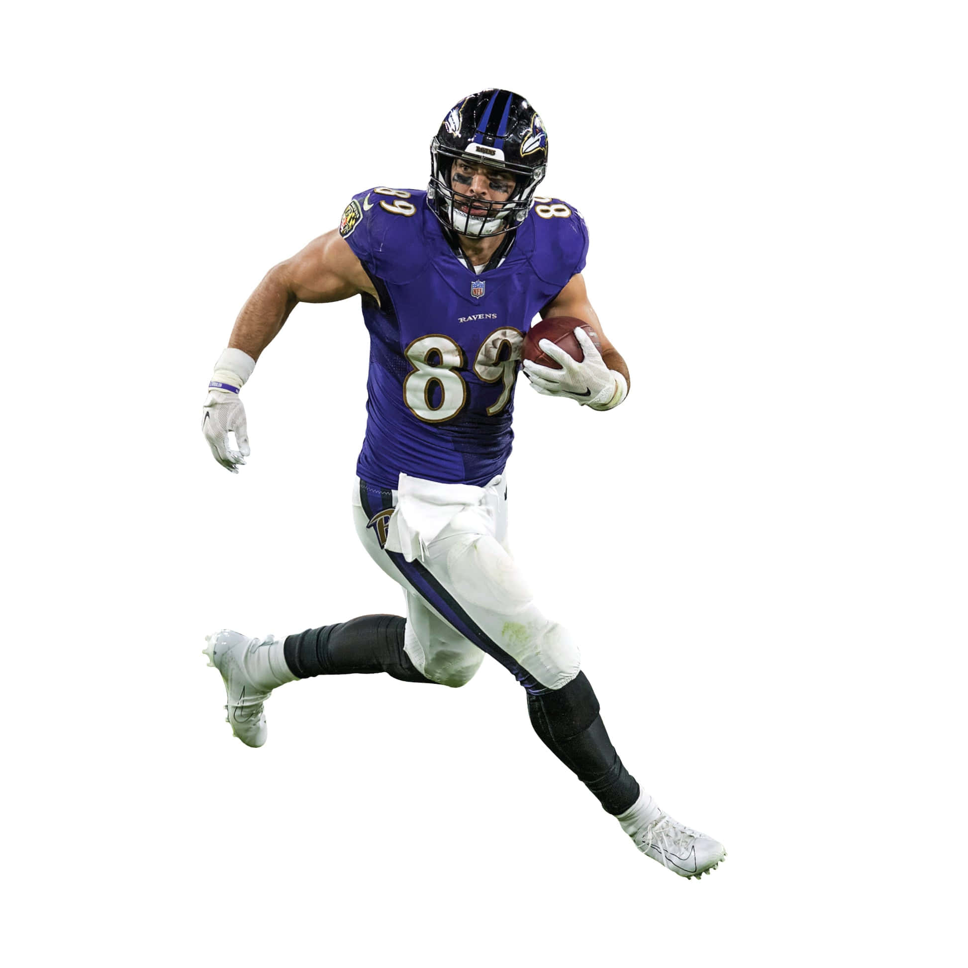 Mark Andrews 桌布 壁紙 — 巴爾的摩烏鴉隊的美式足球員身穿紫色89號球衣，在白色背景上，邁步向前衝刺，雙手緊抱球。