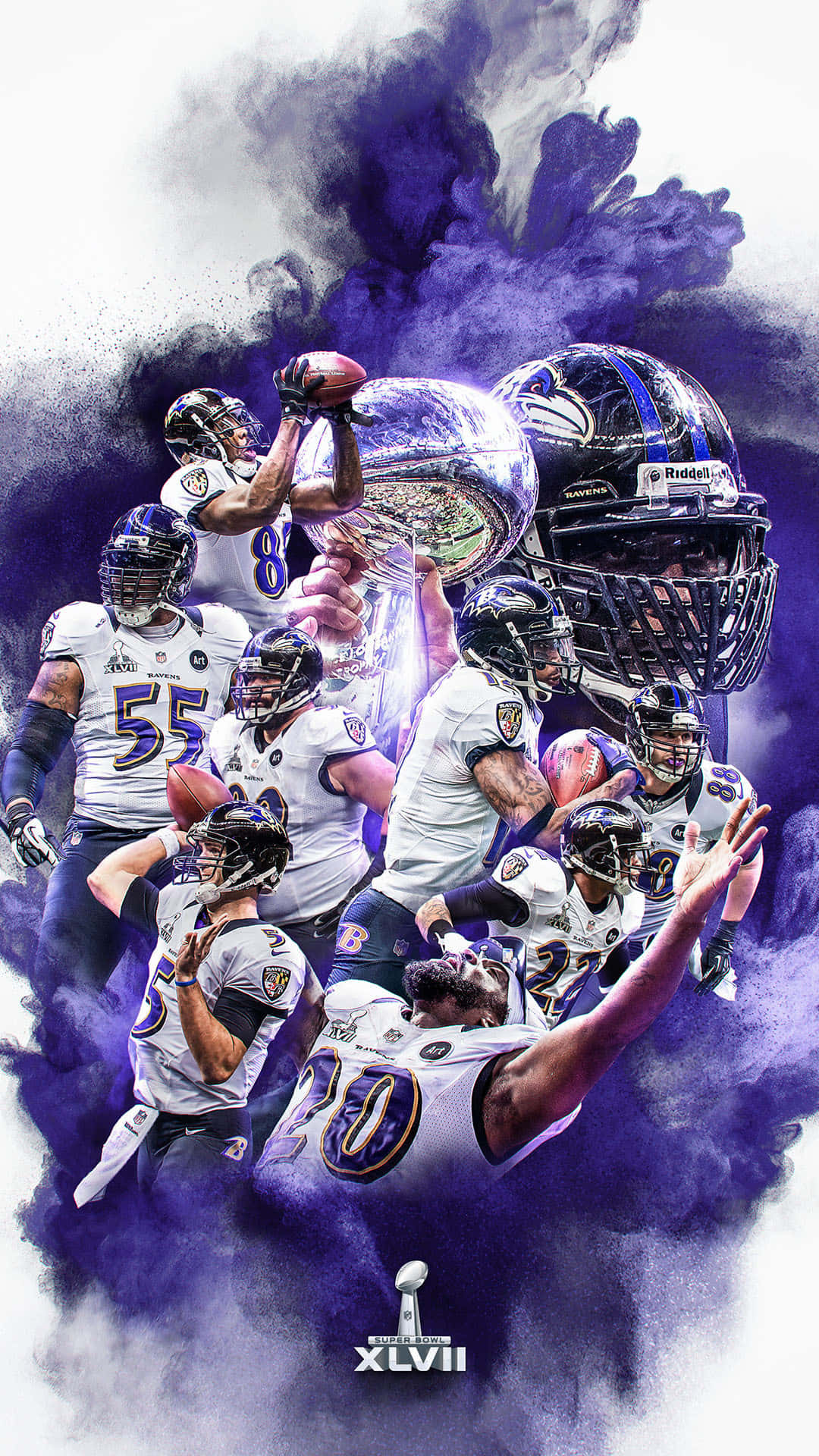 NFL 桌布 壁紙 — 巴爾的摩烏鴉隊的足球運動員在紫色煙霧中爆發，以動態動作姿勢慶祝超級碗獎盃。