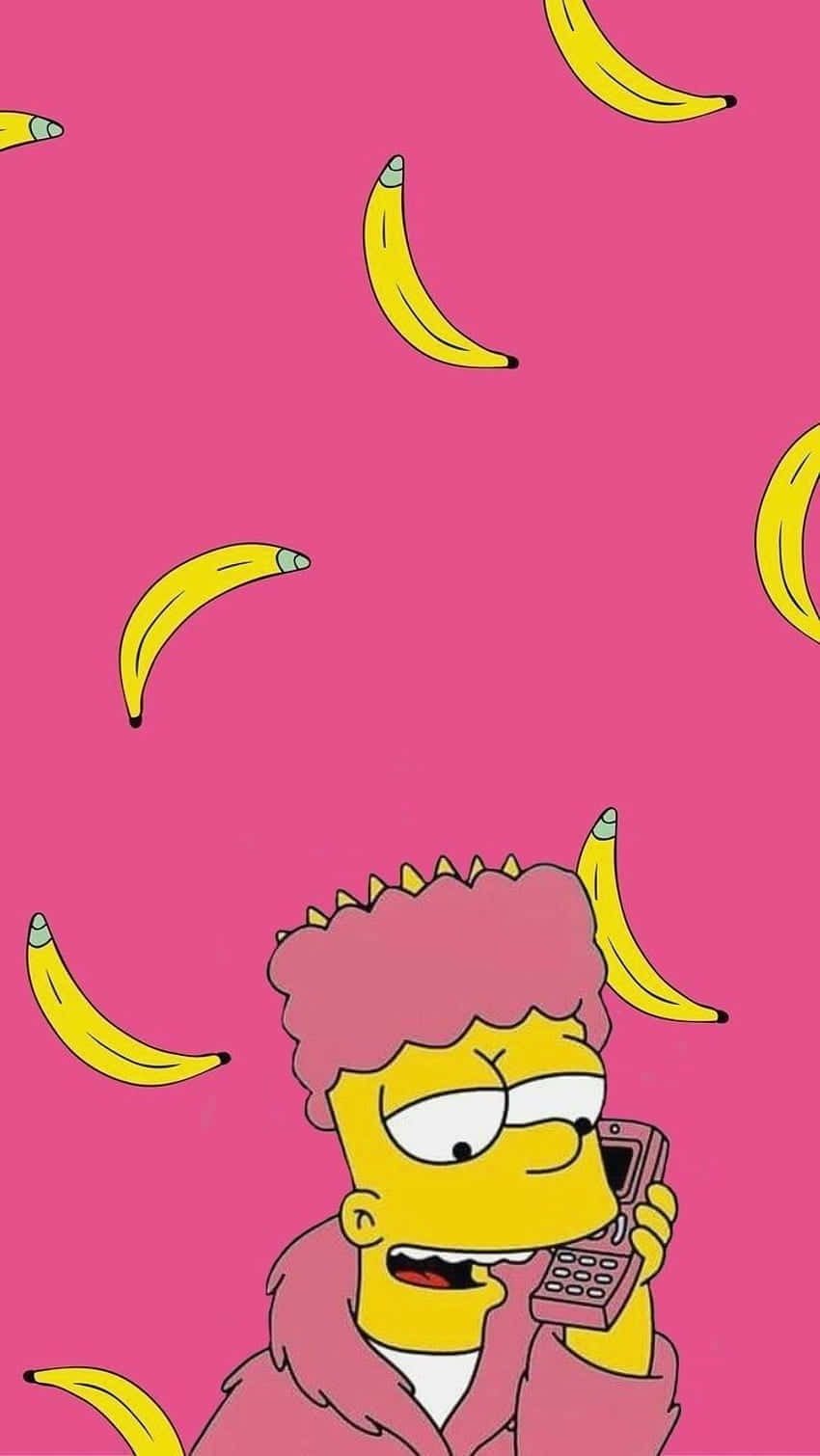 Bart Simpson Aesthetic 桌布 壁紙 — 巴特·辛普森（Bart Simpson）粉紅色頭髮和外套，在鮮豔的粉紅色背景下，香蕉如雨般落下，他正在講電話。