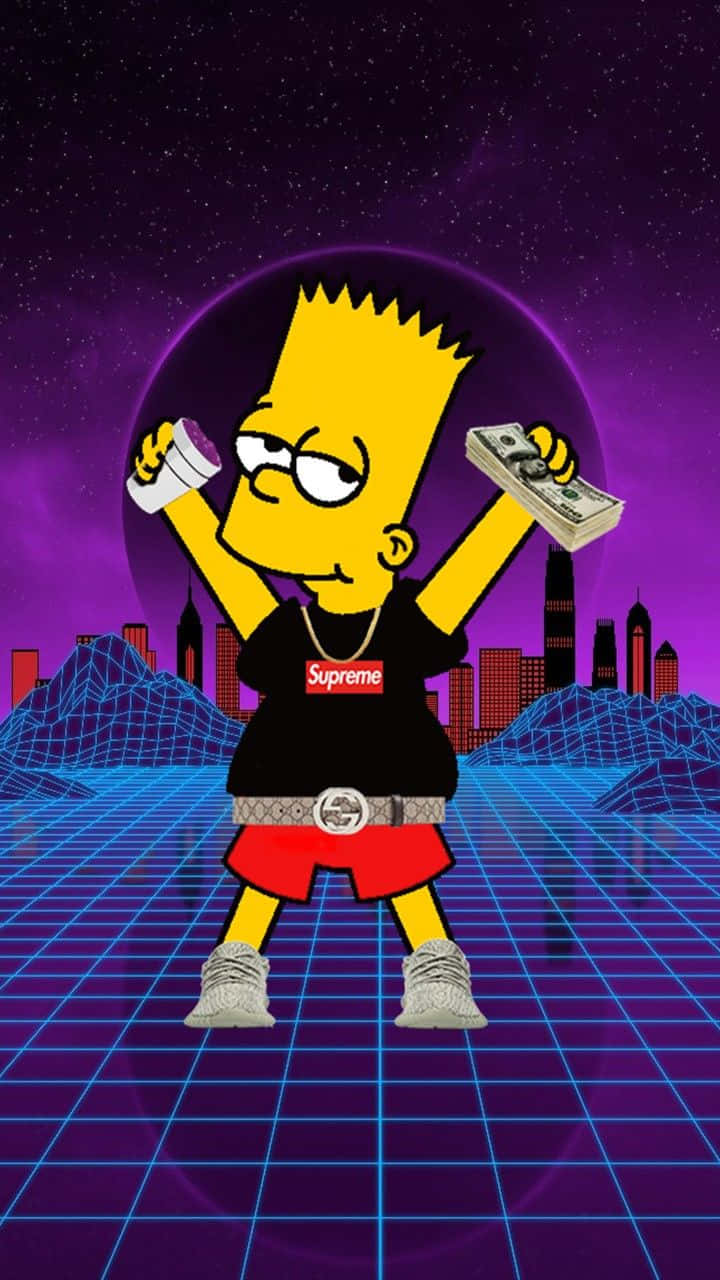 Bart Simpson Weed 桌布 壁紙 — 巴特·辛普森以復古未來主義姿勢，手持金錢和飲料，背景是紫色星空下的霓虹網格城市景觀。