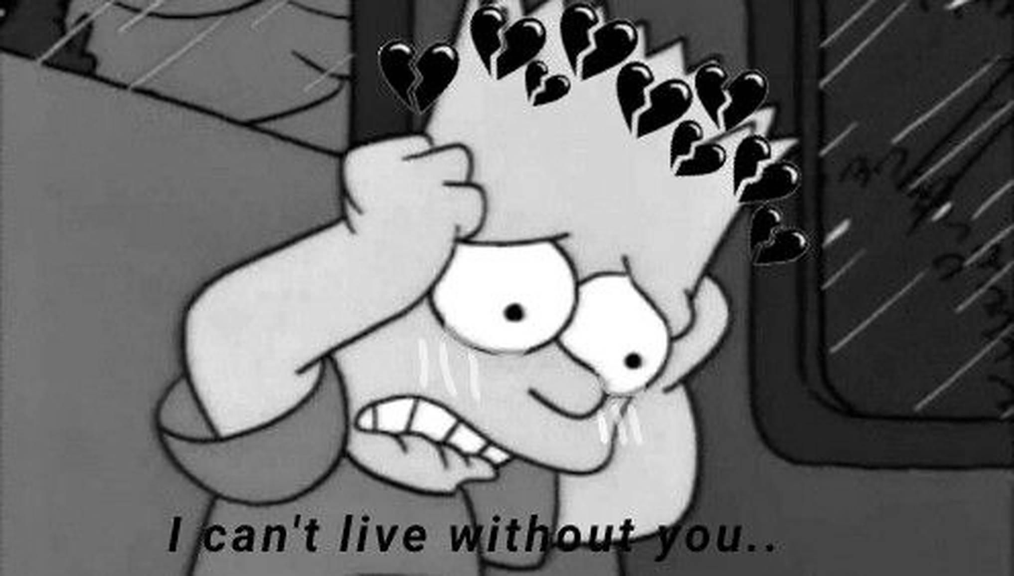 Simpson 桌布 壁紙 — 巴特·辛普森以灰階方式戲劇性地哭泣，破碎的心漂浮在他頭上。