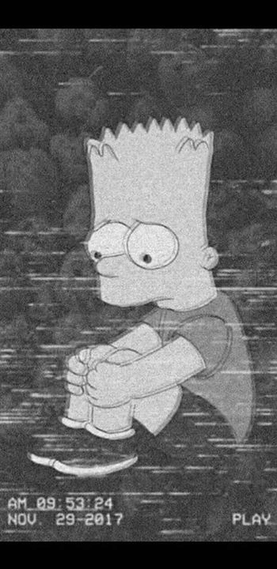 Simpson 桌布 壁紙 — 巴特·辛普森以灰階色調沮喪地坐著，帶有厚重的靜態疊加層和時間戳。