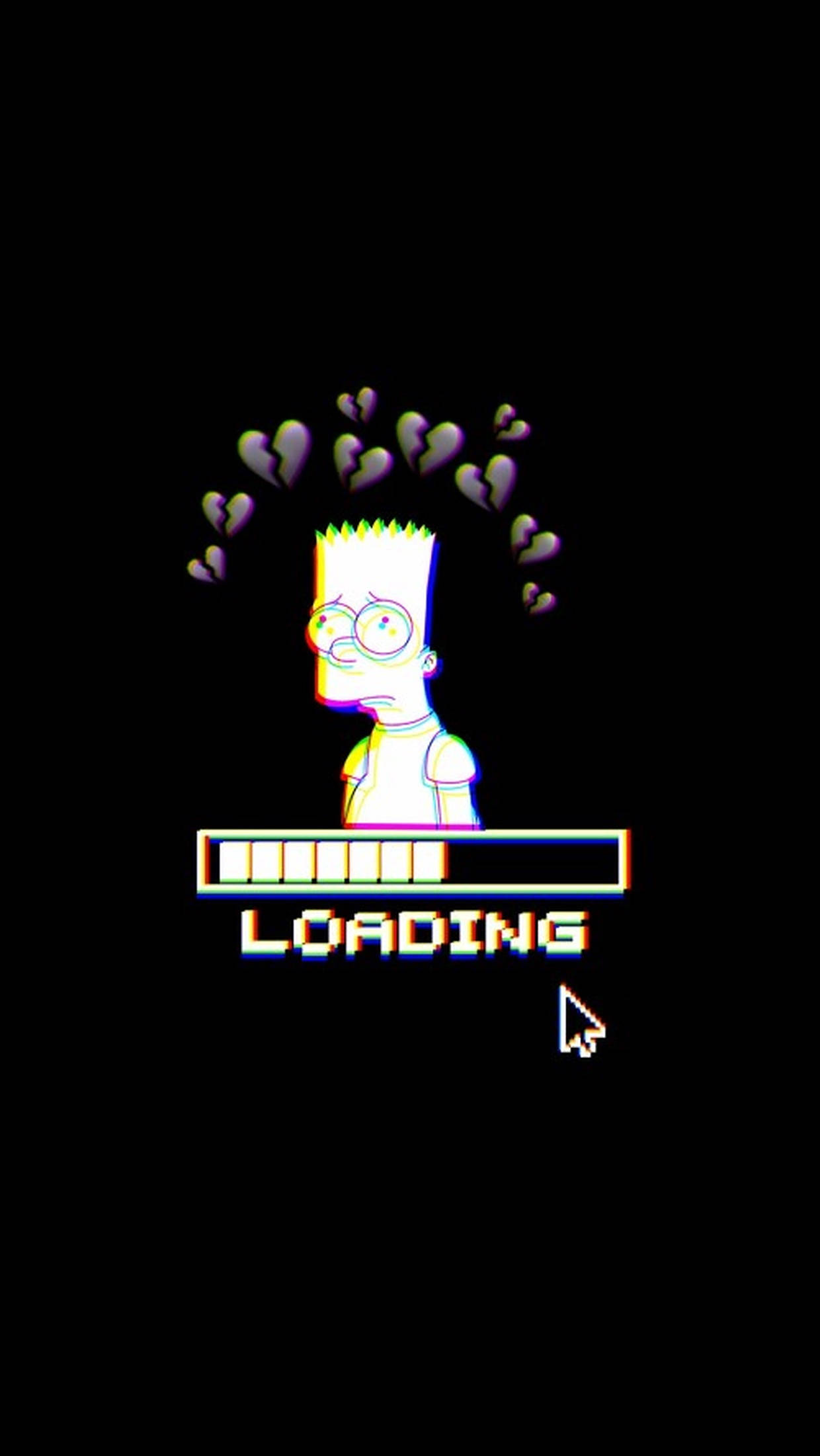 Simpson 桌布 壁紙 — 巴特·辛普森像素化載入畫面，破碎的心在他頭頂漂浮，背景為黑色。
