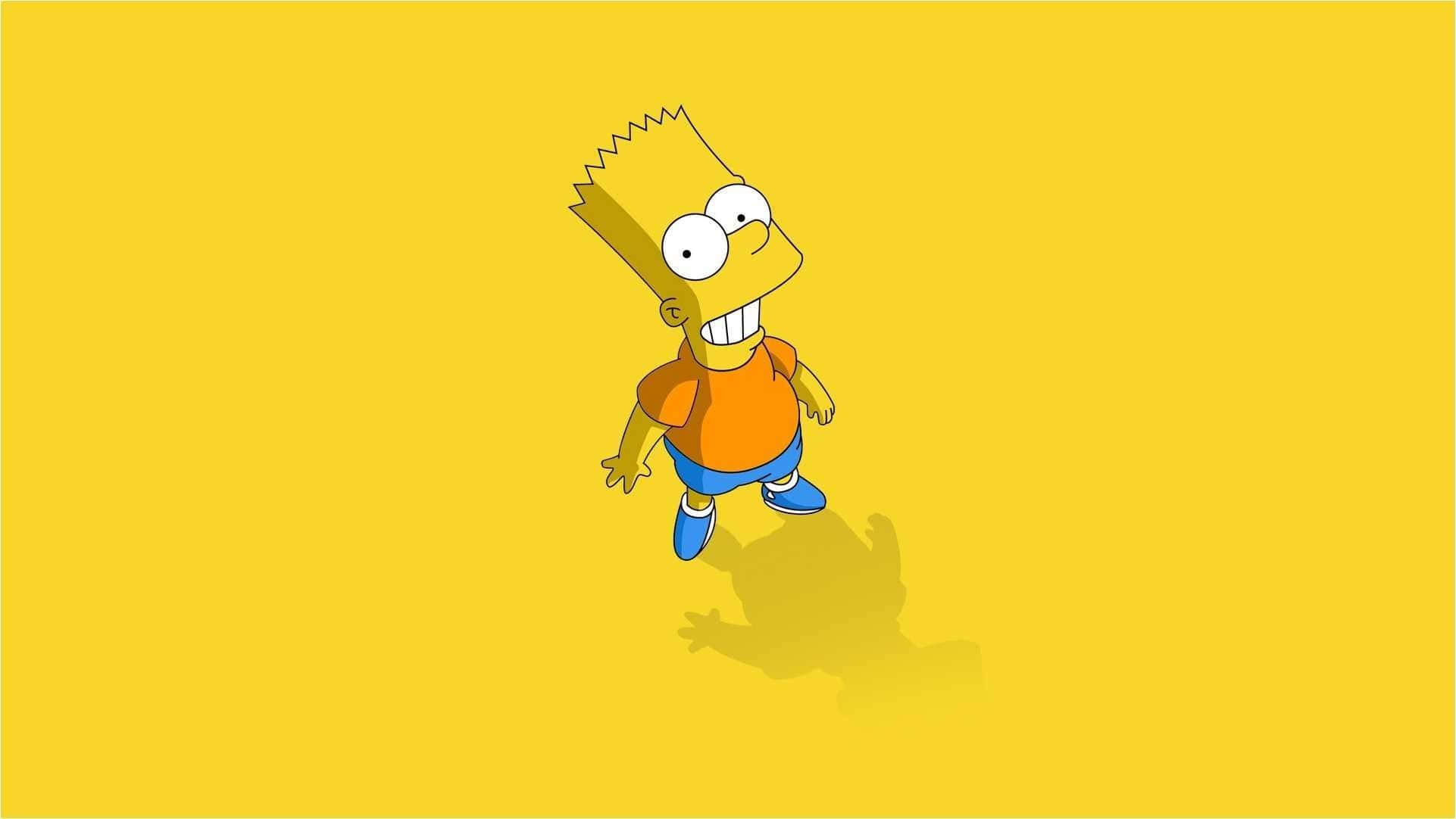 Simpsons Aesthetic 桌布 壁紙 — 巴特·辛普森卡通角色，身穿橙色襯衫和藍色短褲，站在純黃色背景前，帶有陰影。