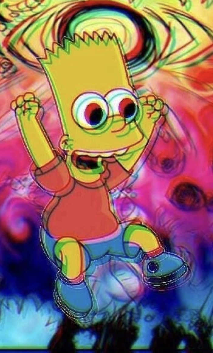 Bart Simpson Weed 桌布 壁紙 — 巴特·辛普森卡通角色在迷幻旋轉色彩和扭曲圖案中愉快地漂浮。