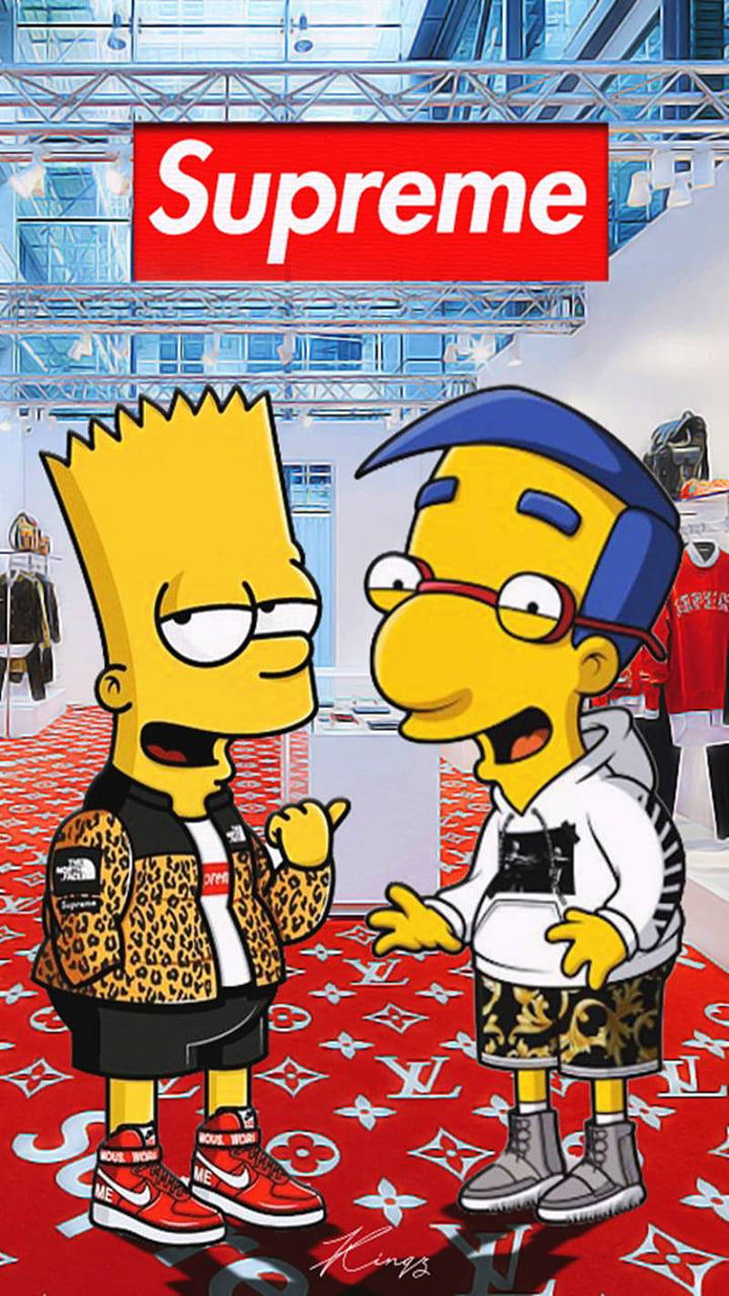 supreme 桌布 壁紙 — 巴特·辛普森和米爾豪斯站在Supreme快閃店內，穿著奢華街頭服飾，腳踏路易威登地毯。