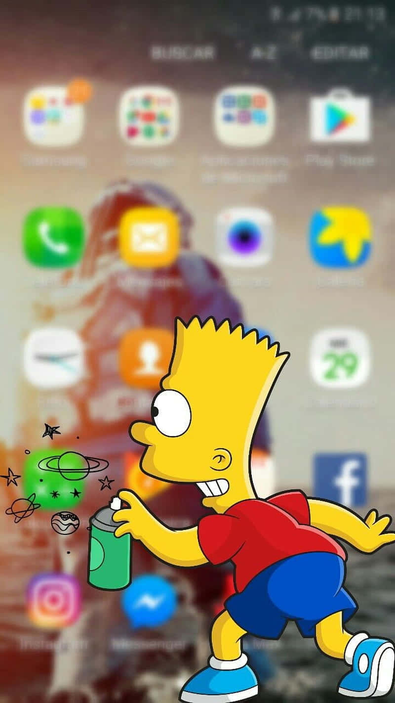Bart Simpson Aesthetic 桌布 壁紙 — 巴特·辛普森在一個模糊的智慧型手機主螢幕上噴塗宇宙符號，上面有應用程式圖示。