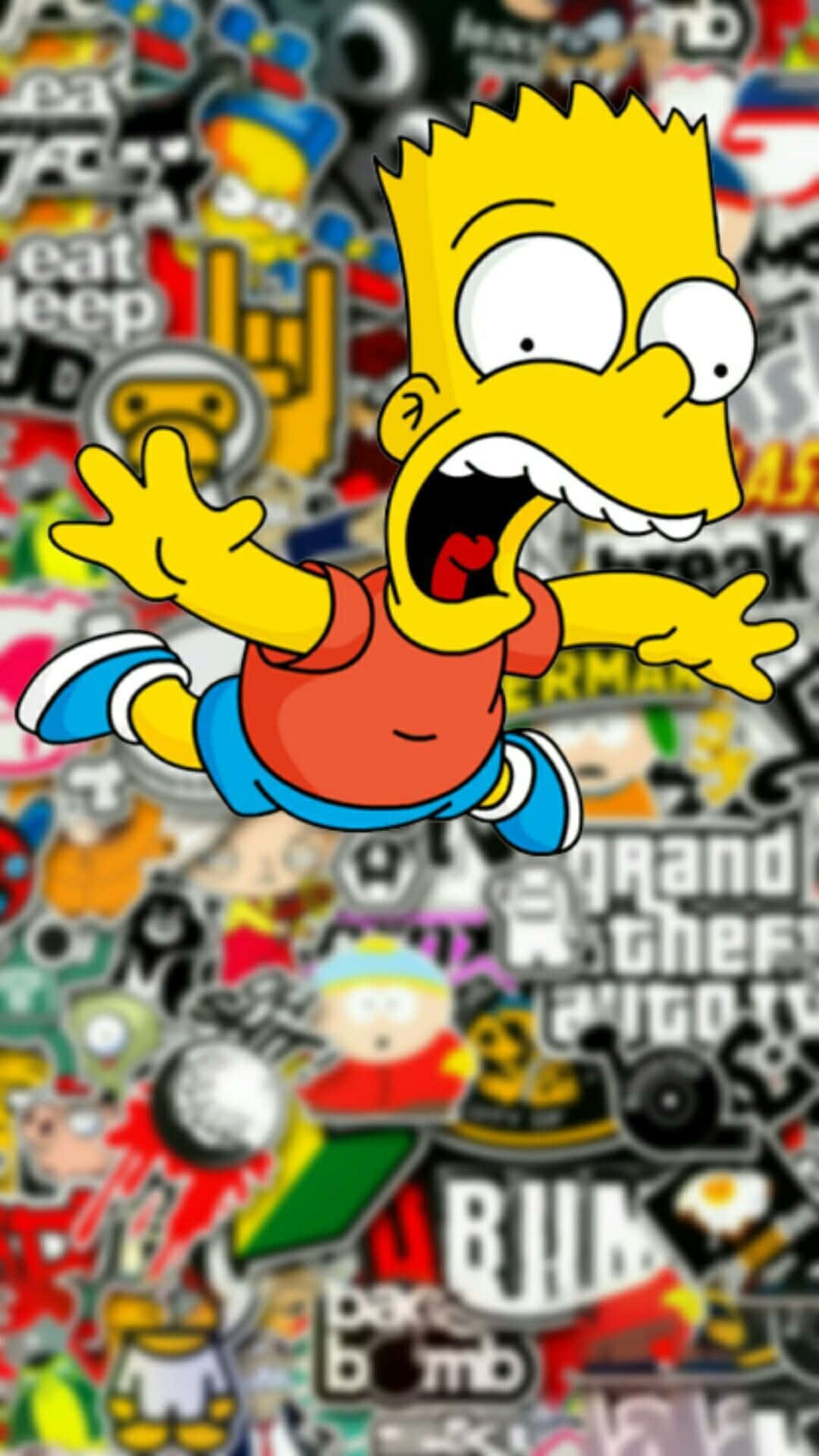 Dope Simpsons 桌布 壁紙 — 巴特·辛普森在一面充滿色彩繽紛的電玩遊戲和卡通貼紙的活力牆前快樂地跳躍。