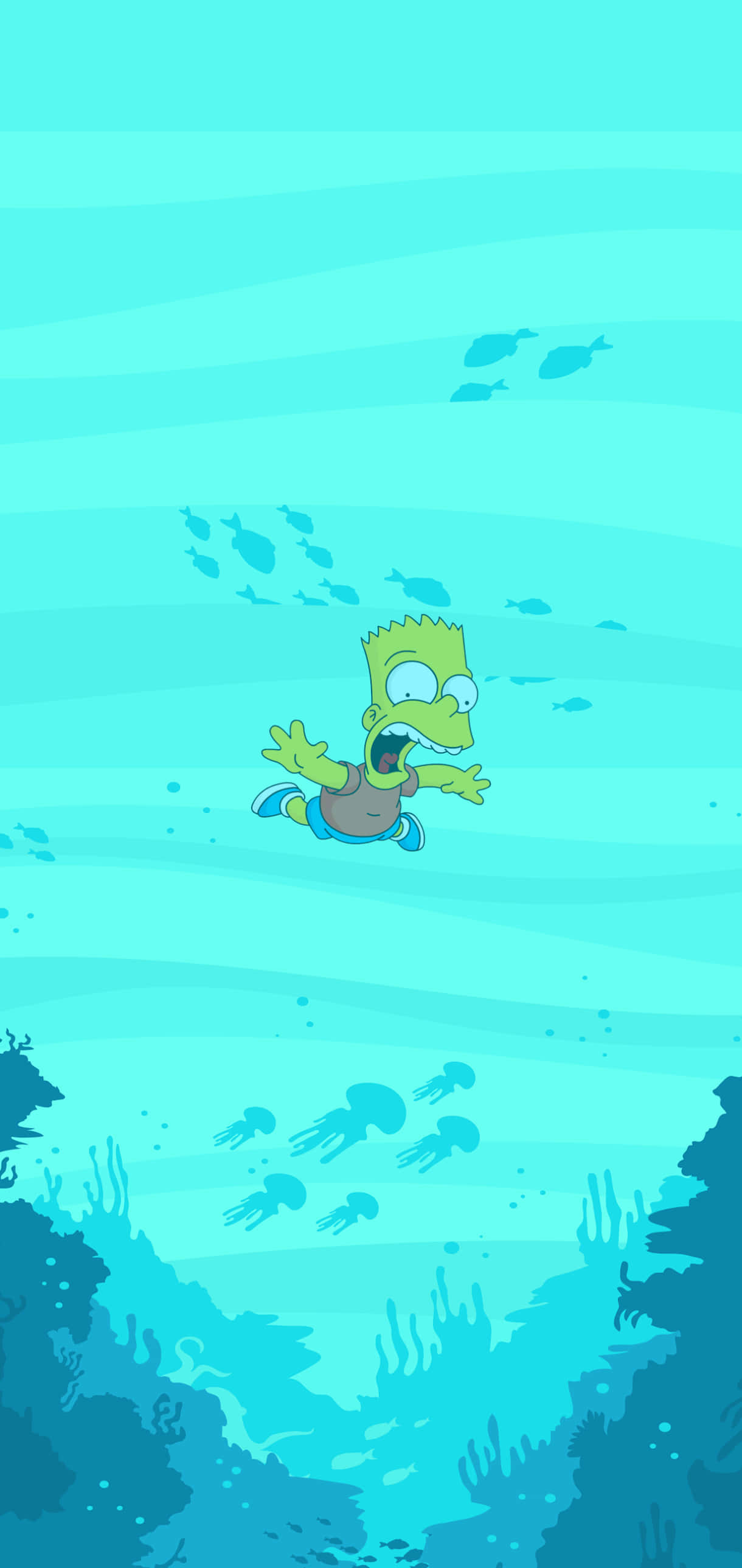 Bart Simpson Aesthetic 桌布 壁紙 — 巴特·辛普森在充滿水母和魚的鮮豔藍綠色海底場景中游泳。