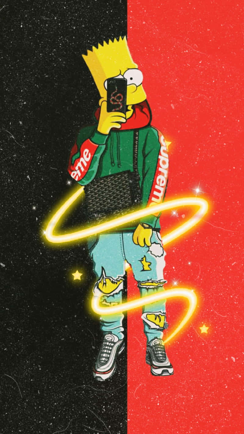 Dope Simpsons 桌布 壁紙 — 巴特·辛普森在分裂的黑色和紅色背景前，與發光的霓虹漩渦自拍。