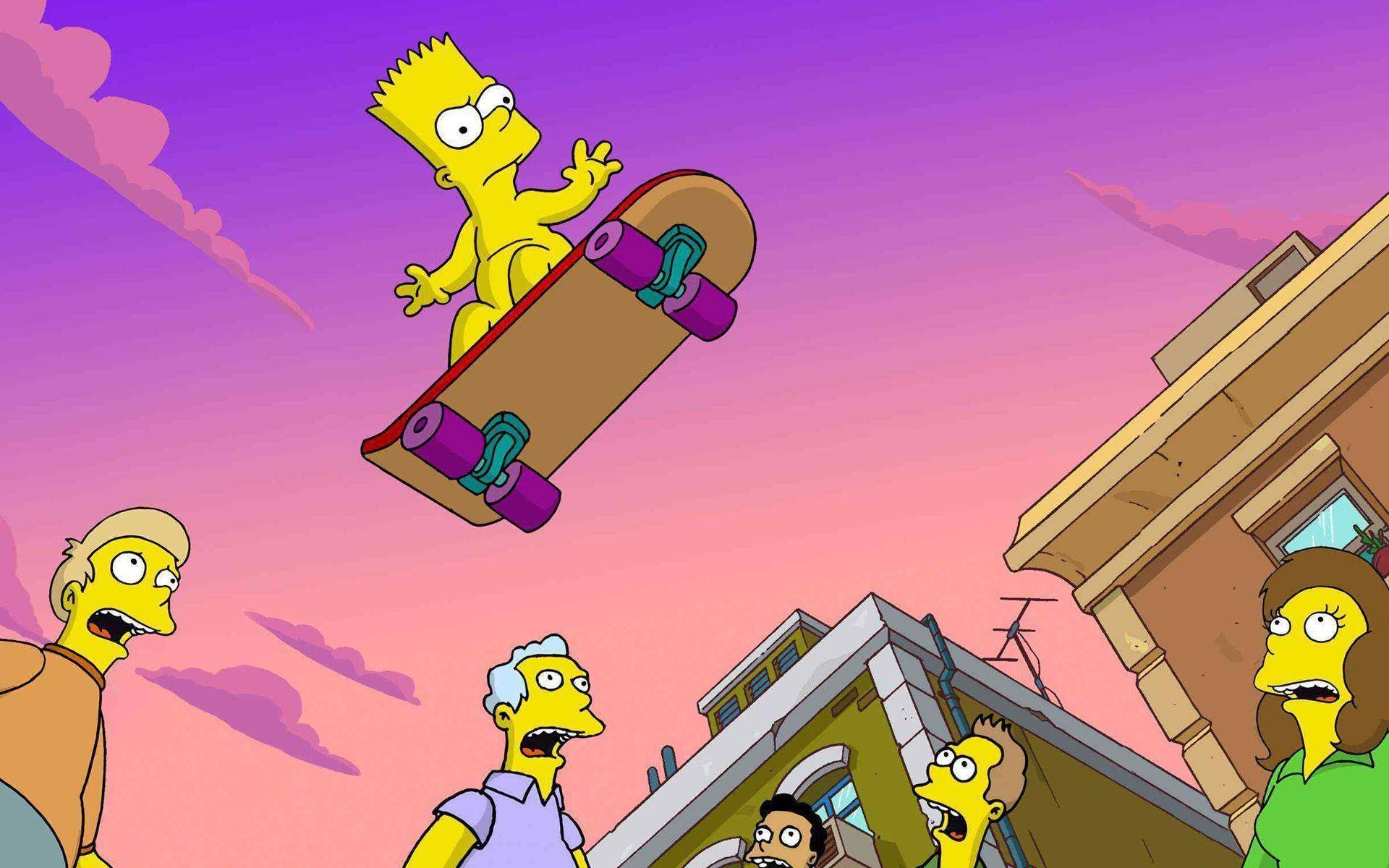 Skateboard 桌布 壁紙 — 巴特·辛普森在半空中表演滑板技巧，而樓下的鄰居在鮮豔的紫色和粉紅色日落天空下震驚地凝視。