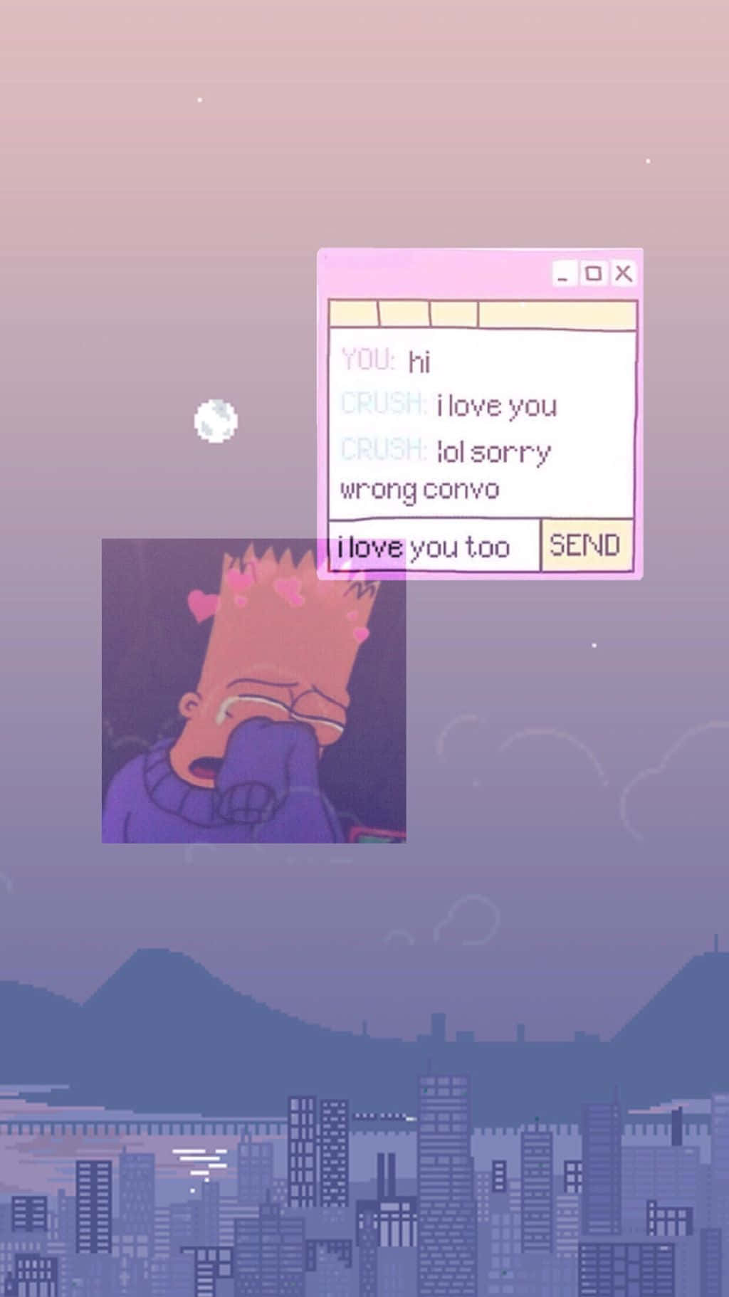 Bart Simpson Aesthetic 桌布 壁紙 — 巴特·辛普森在哭泣，一個粉紅色的聊天視窗顯示在紫色城市景觀上失敗的浪漫訊息交流。