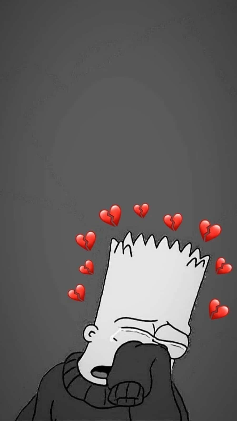 Cartoon Heart 桌布 壁紙 — 巴特·辛普森在哭泣，破碎的心漂浮在他頭頂上方，背景為深灰色。